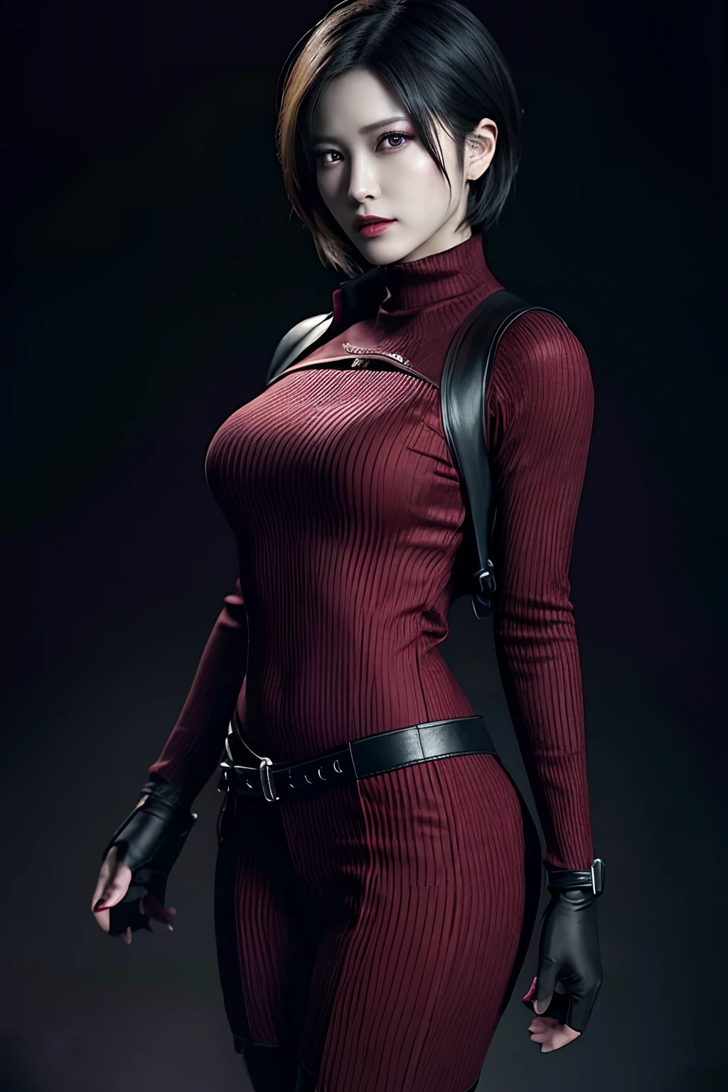 Ada wong form resident evil, short black hair,Red dress , medium breast, black background, ultra realistic, ultra detail, high quality, best quality, masterpiece, HD,4K,70mm lens