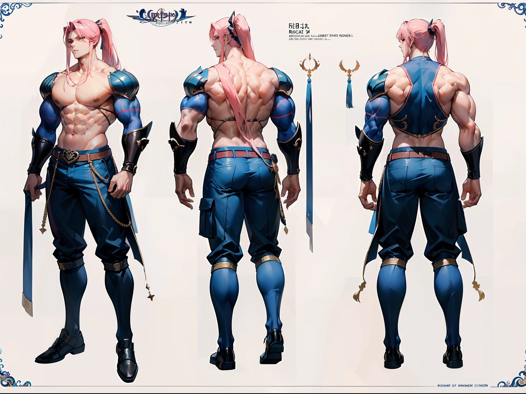 ((Masterpiece, Highest quality)), Detailed face, character design sheet, full bodyesbian, Full of details, frontal body view, back body view, Highly detailed, Depth, Many parts, Muscle boy with ponytail long pink hair,handsome man, muscle body, navy, commander, man tall, pectoral muscles, abs