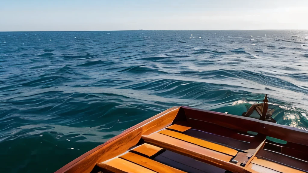 A very small wooden raft on the high seas, mucho mar, nada de tierra