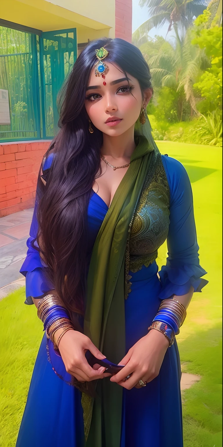 a woman in a sari posing for a picture, indian goddess, traditional beauty, indian, beautiful goddess, ornate cosplay, indian style, indian super model, beautiful maiden, gorgeous woman, south east asian with long, provocative indian, gorgeous beautiful woman, intricate outfit, hindu aesthetic, beautiful asian girl, extremely detailed goddess shot, jaw-dropping beauty, big boobs deep cleavage sexy navel