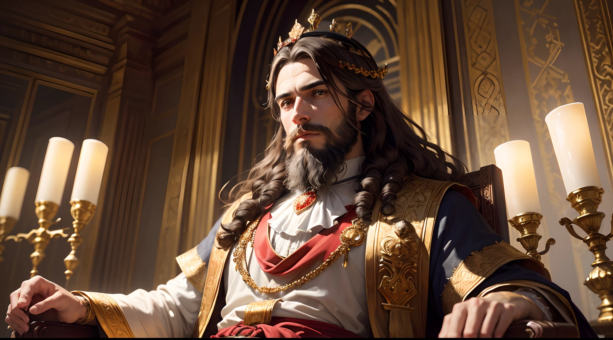 8k portrait of King Solomon, with medium beard, (dark brown hair and beard), brown eyes, dressed in white and red tonic, ((with a king's crown on his head with 12 precious stones of different colors)), intricate, elegant, highly detailed, majestic, digital photography, art by artgerm and ruan jia and greg rutkowski surreal painting, background an interior of a super detailed palace (masterpiece, Side lighting, beautiful finely detailed eyes: 1.2), HDR