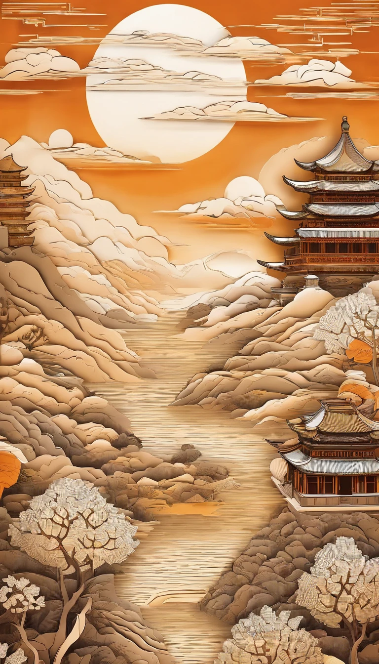 Ancient painting giant pen, Poetic, beijing, Great Wall of China, balloons,closeup cleavage, Gradient, Golden architecture, Orange background, Trees and emperors decorate paradise