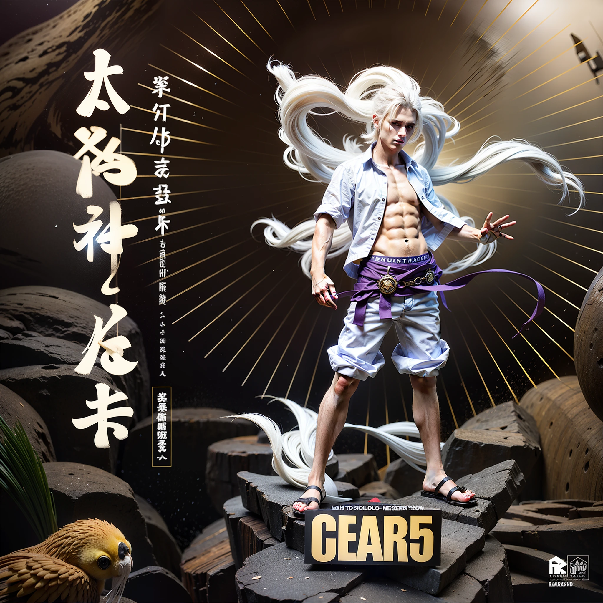 personagem masculino, cabelos brancos, grande risada, camisa branca aberta, cicatrizno peito, white pant, faixa roxa cintura, red left arm. chinelo, smoke-shaped clouds around the body
