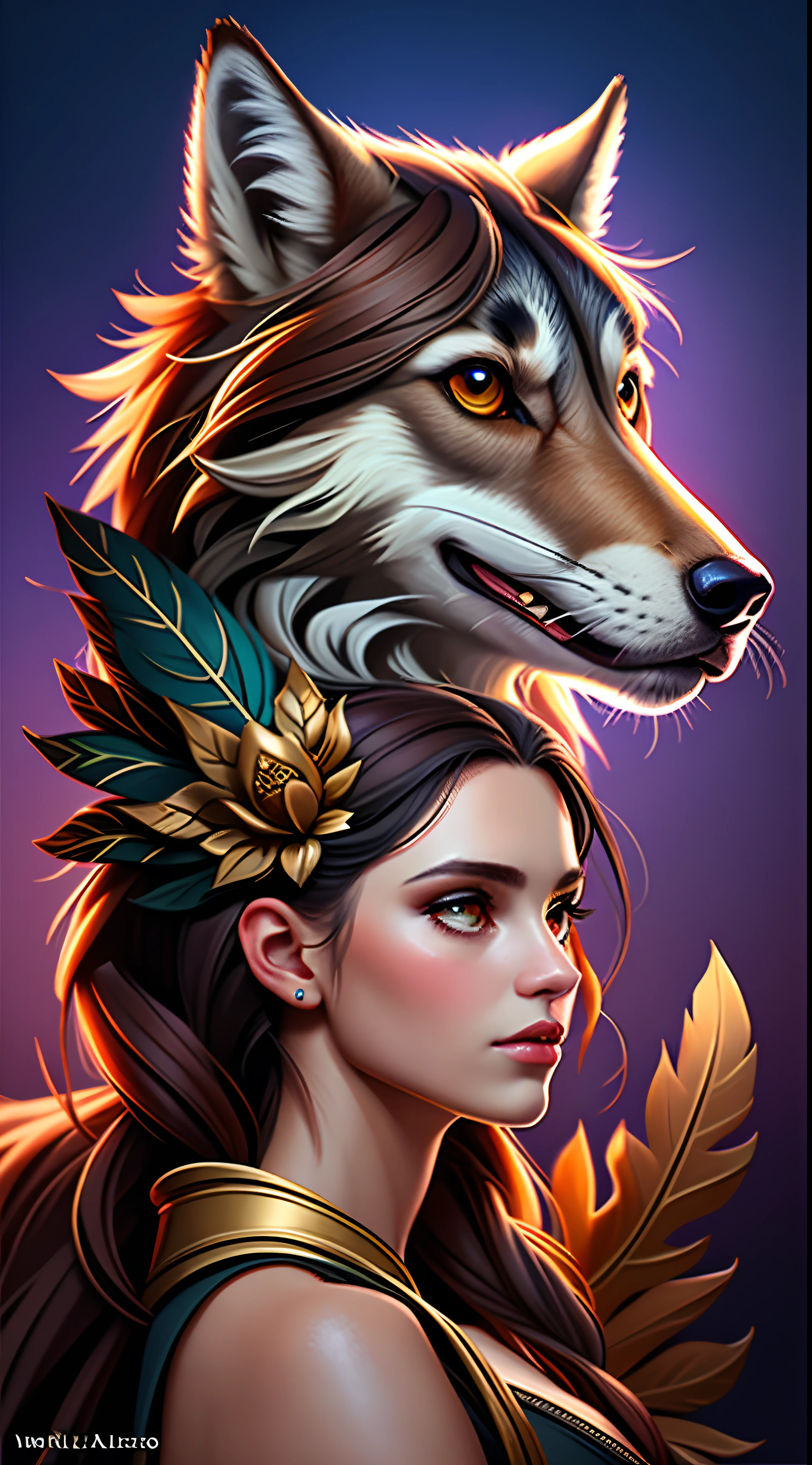 a woman with a wolf's head and feathers on her head, 8k arte detalhada de alta qualidade, wolfgirl, estilo de arte impressionante, bela arte digital, extremely high quality artwork, female anthropomorphic wolf, Arte digital altamente detalhada em 4k, Bela arte UHD 4K, Arte digital detalhada em 4k, Grande arte digital com detalhes, Angiewolf