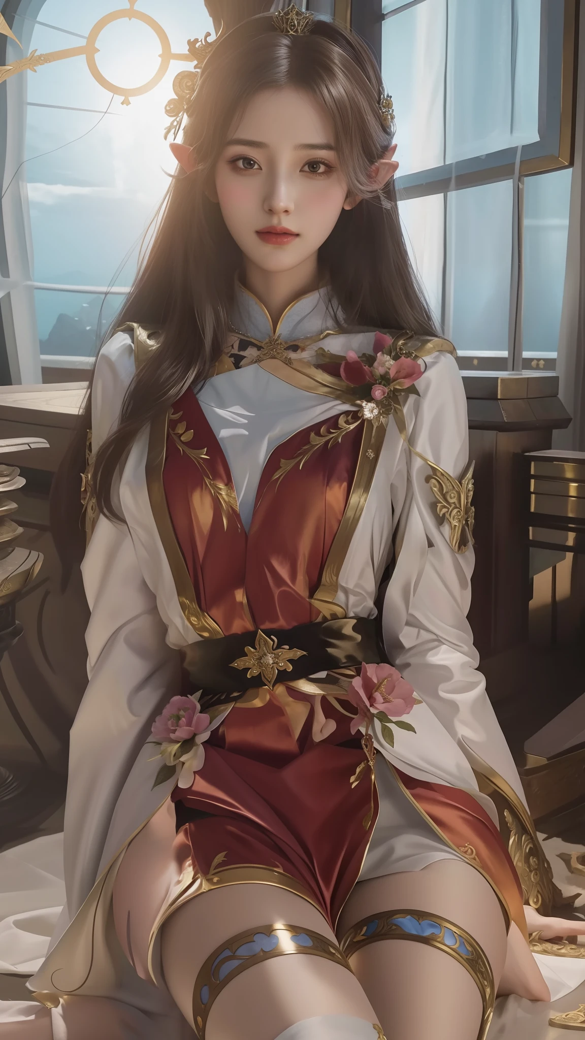 a close up of a woman in a costume with a sword, ((a beautiful fantasy empress)), a beautiful fantasy empress, beautiful and elegant elf queen, alluring elf princess knight, Portrait Chevaliers du Zodiaque Fille, 8K high quality detailed art, Beautiful celestial mage, beautiful elf with ornate robes, Palace , A girl in Hanfu, Beautiful teenage girl, Anime goddess