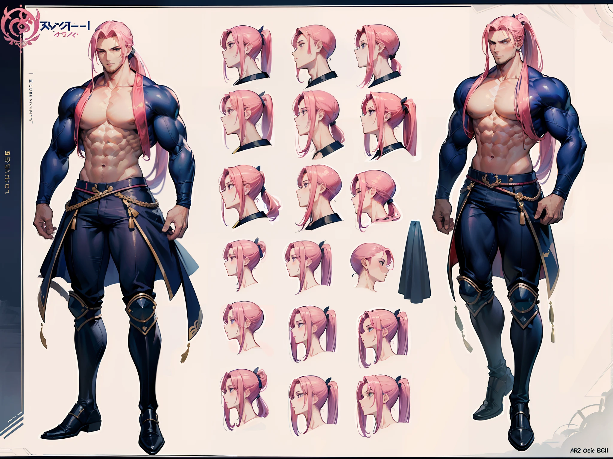 ((Masterpiece, Highest quality)), Detailed face, character design sheet, full bodyesbian, Full of details, frontal body view, back body view, Highly detailed, Depth, Many parts, Muscle boy with ponytail long pink hair,handsome man, muscle body, navy, commander, man tall, pectoral muscles, abs