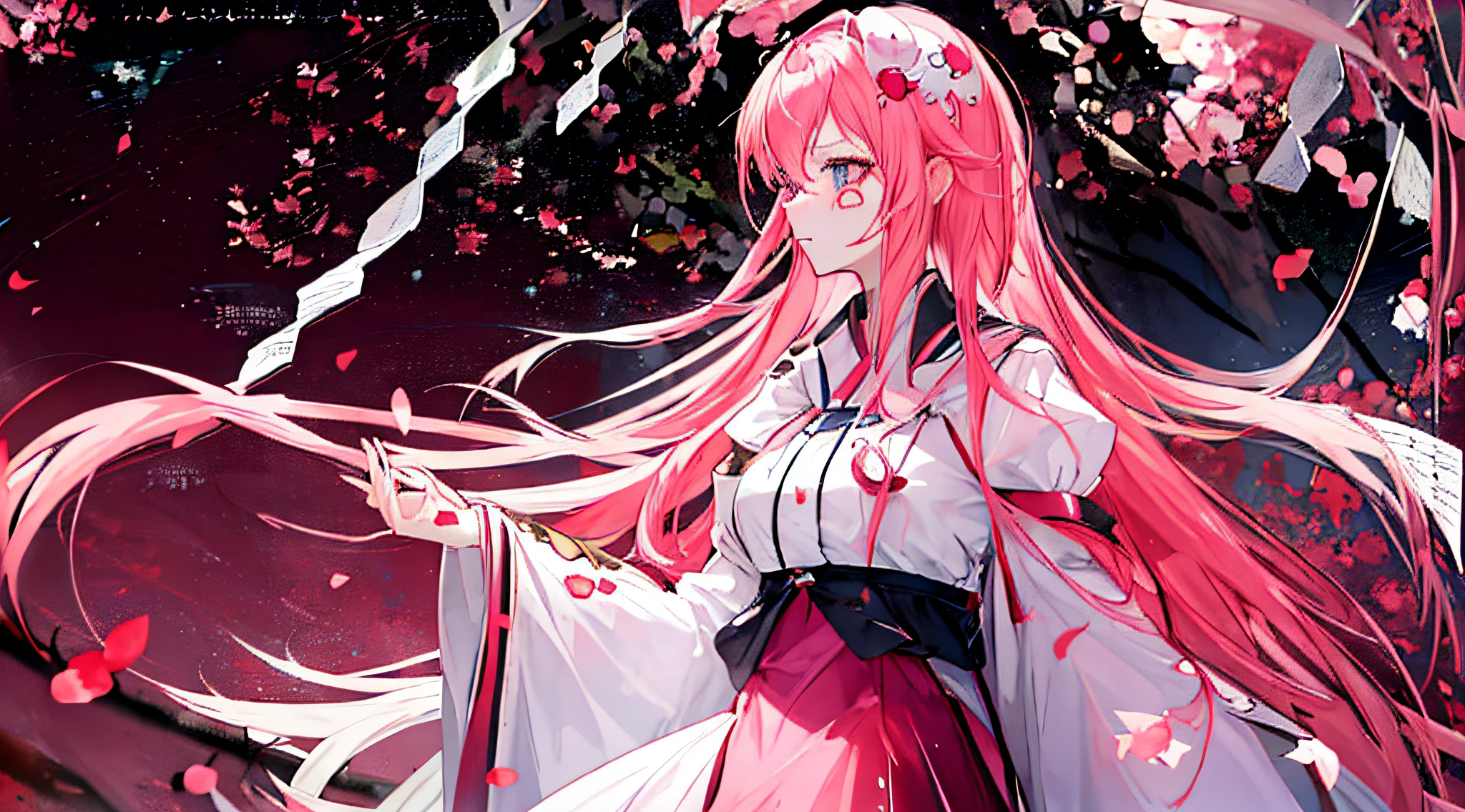 A girl with long pink hair and a white dress standing under a tree, anime style 4K, anime wallpaper 4K, anime wallpaper 4K, anime art wallpaper 8K, anime art wallpaper 4K, 4K anime wallpaper, anime art wallpaper 4K, anime girl with long hair, anime style similar to Fate/Stay Night, staying overnight, HD anime kangaroo bag.