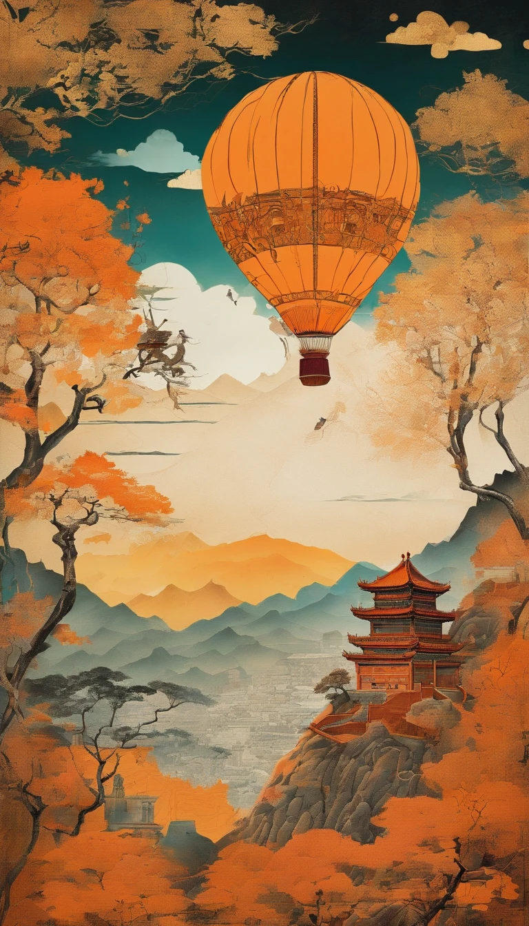 Ancient painting giant pen, Poetic, beijing, Great Wall of China, balloons，closeup cleavage, Gradient, Golden architecture, Orange background, Trees and emperors decorate paradise