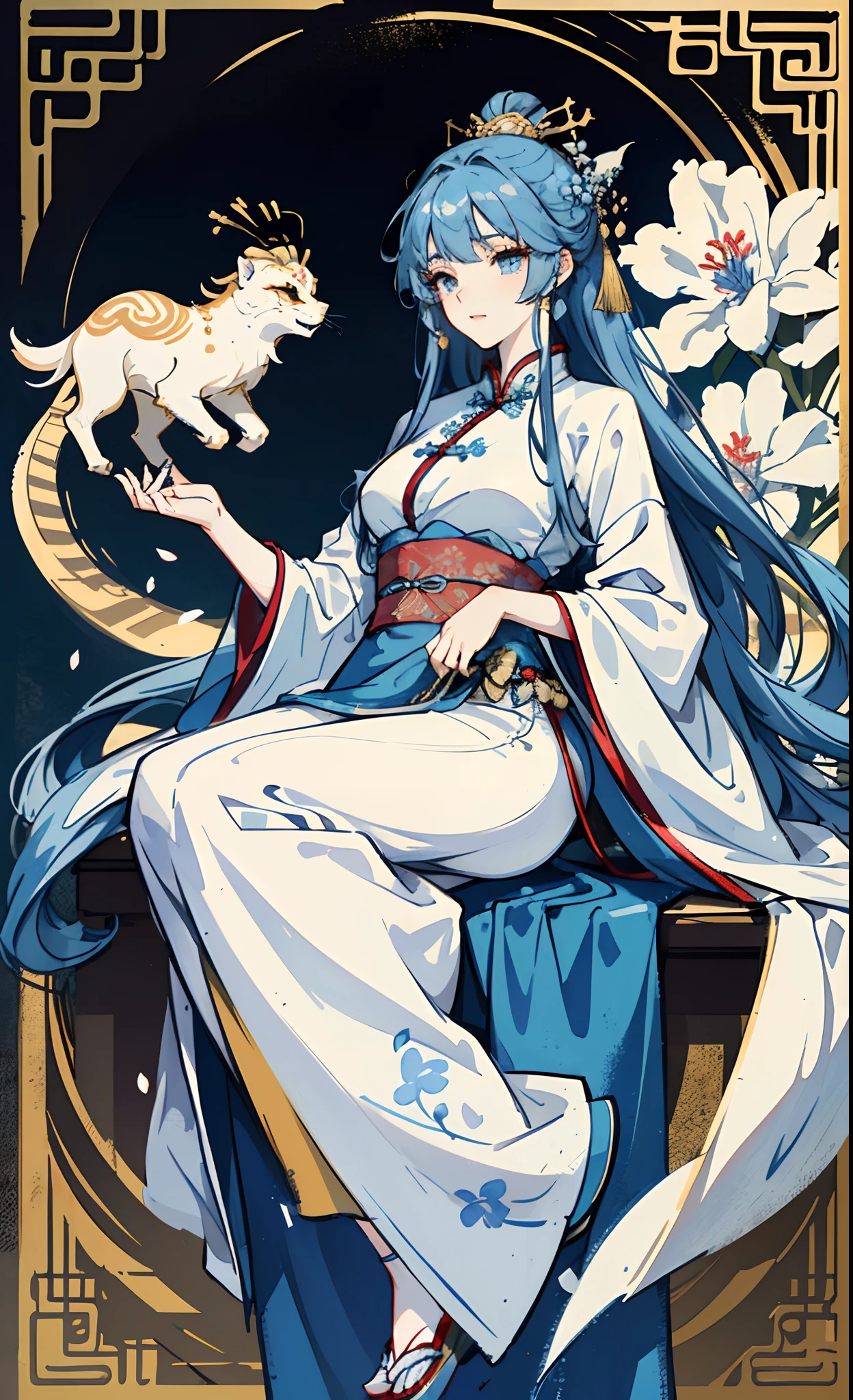 A woman in a blue and white dress with flowers in her hair, hanfu, palace, girl in hanfu, blue hanfu, white hanfu, wearing ancient Chinese costume, ((beautiful fantasy queen)), ancient Chinese princess, Chinese style, traditional Chinese clothing, ancient Chinese clothing, beautiful fantasy queen, Chinese princess, traditional beauty,