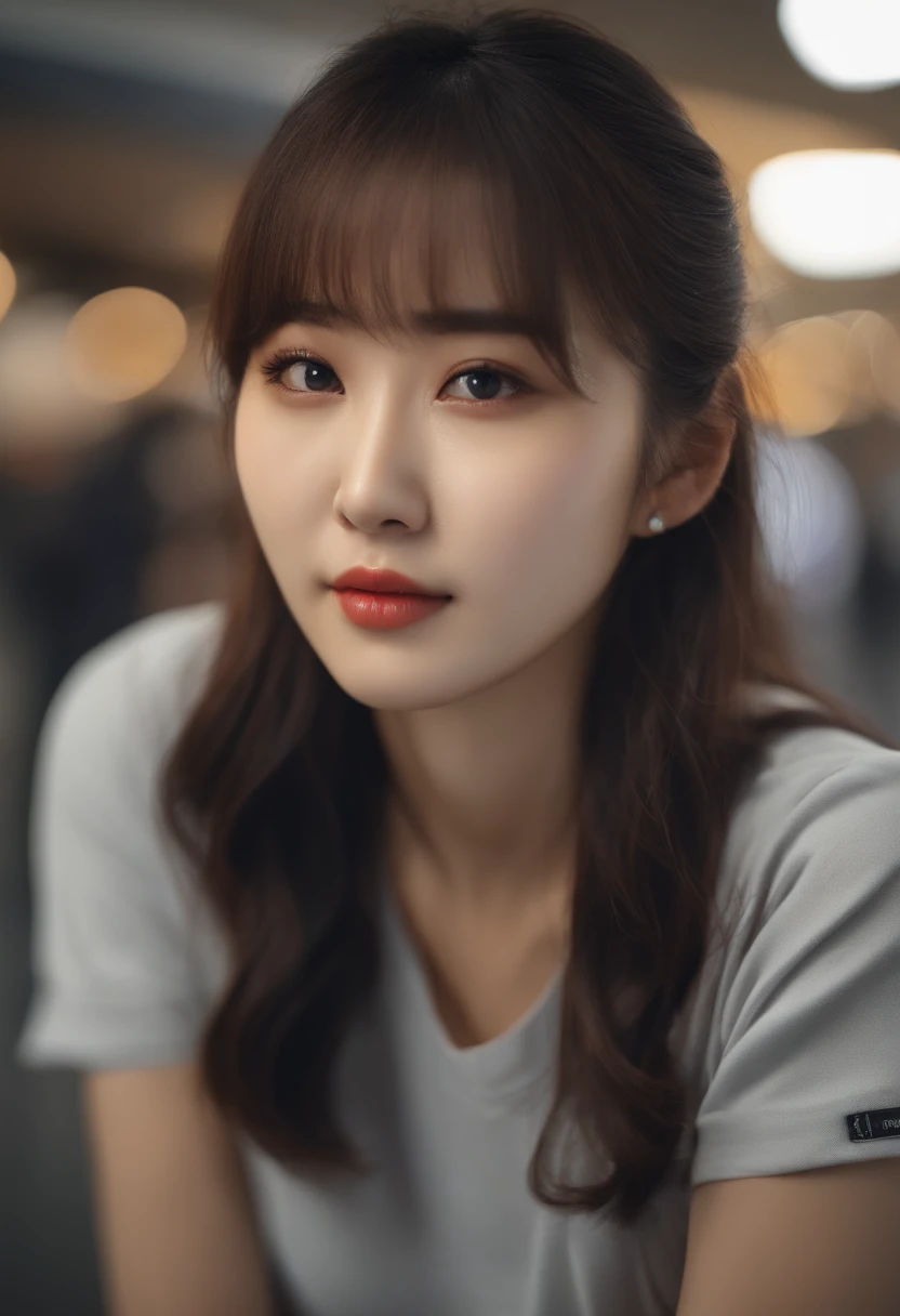 realistic photos of Korean female, crossed bangs, slightly smile, t-shirt, in the airport, pov, Eye-Level Shot, blurry, UHD, masterpiece, highres, 16k