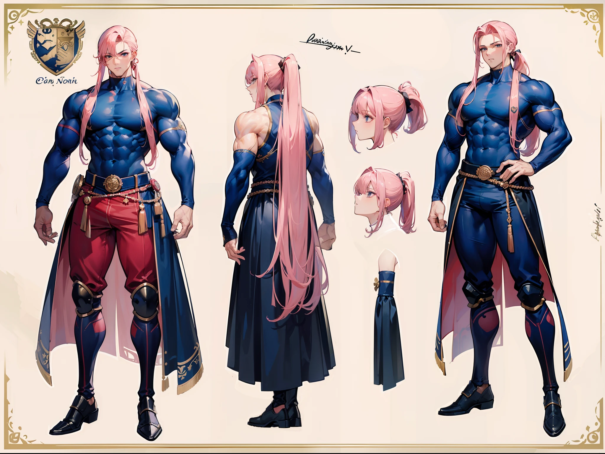 ((Masterpiece, Highest quality)), Male, boy,  Detailed face, character design sheet， full bodyesbian, Full of details, frontal body view, back body view, Highly detailed, Depth, Many parts, Muscle boy with ponytail long pink hair，handsome man, muscle body, vampire outfit clothes, Genshin Impact, man tall, pectoral muscles, abs
