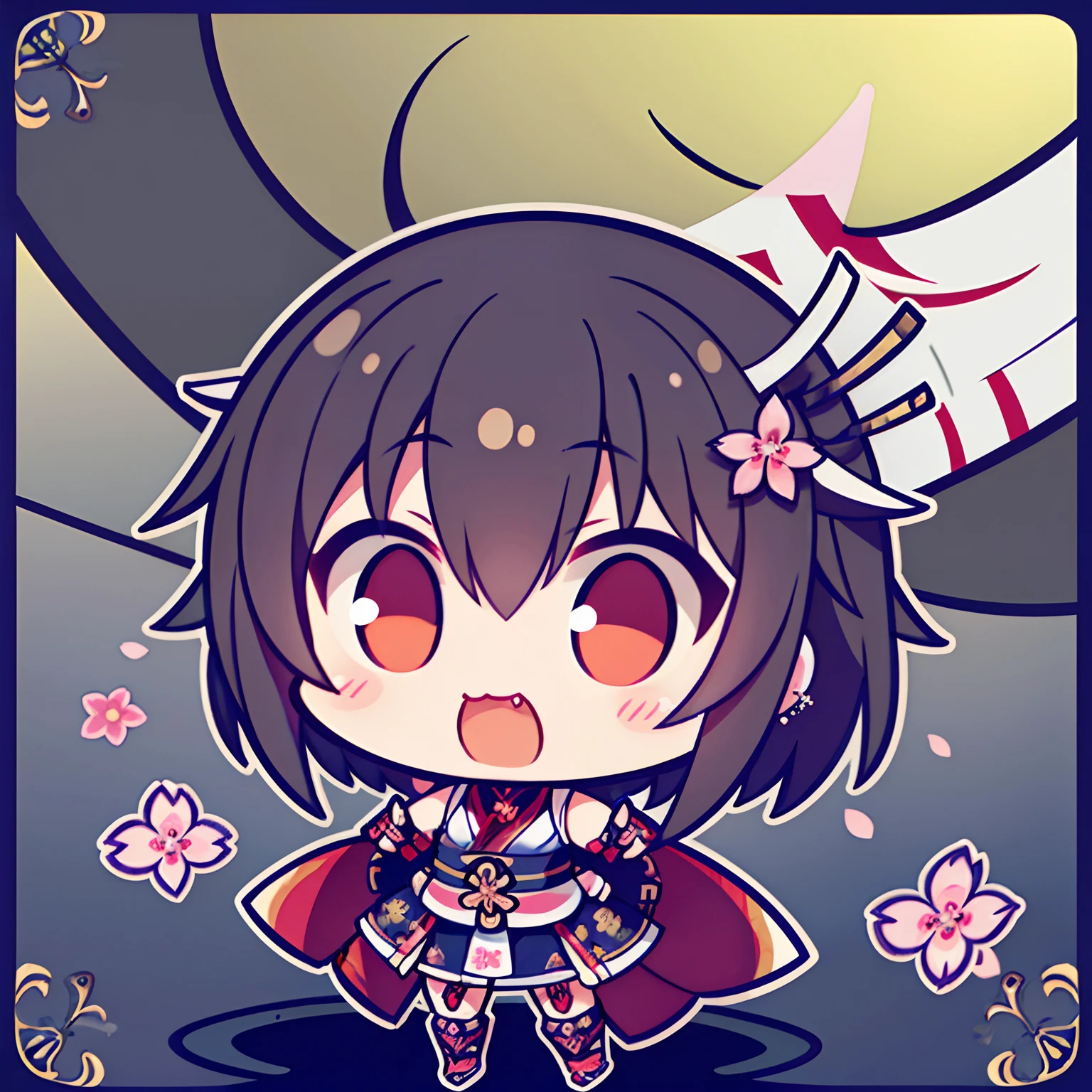 The cutest chibi samurai girl, wearing highly detailed samurai battle armor and sashimono war flag, tattoos and piercings, finely detailed graffiti background, cherry blossoms blowing in the wind, incredibly perfect masterpiece, high quality, high resolution