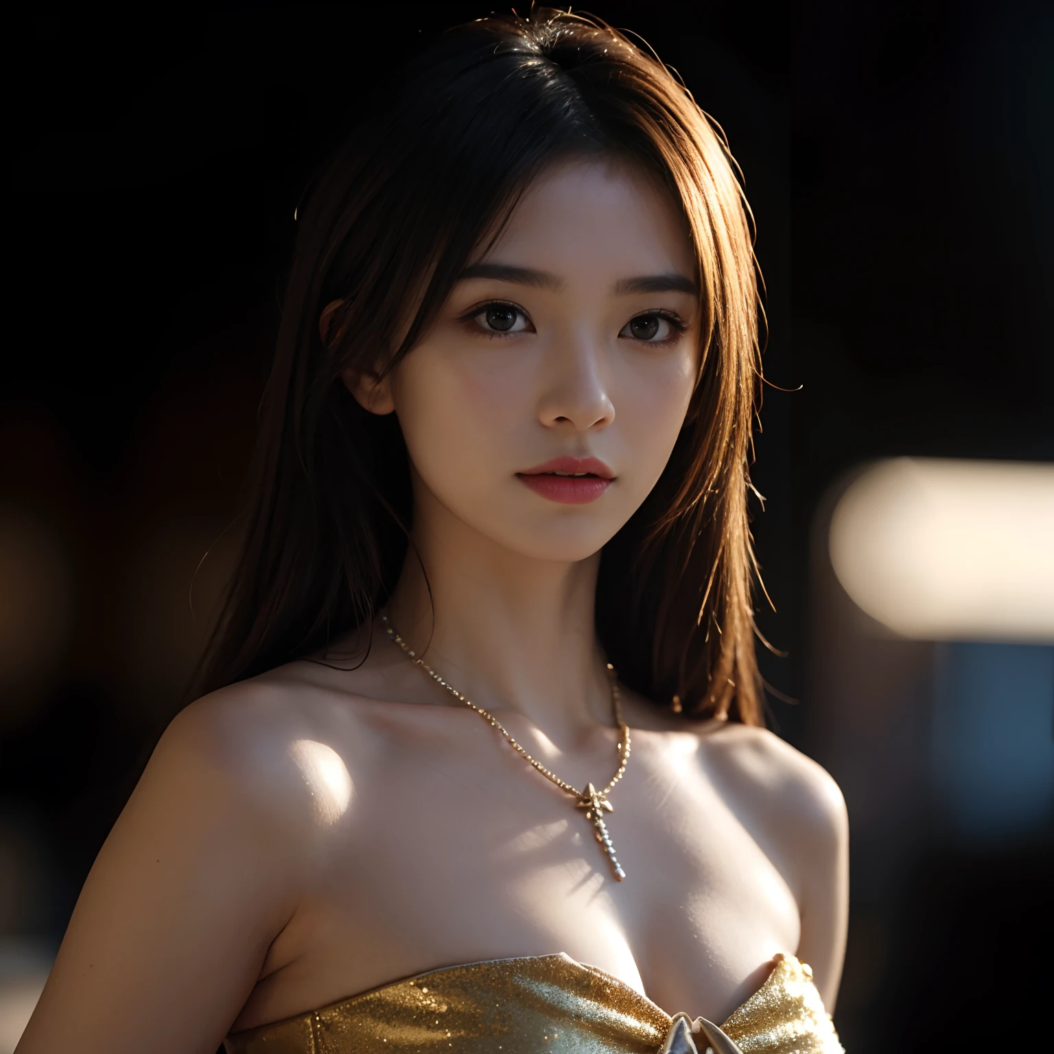 Best Quality, masutepiece, high_res, 1girl in, Hair Ornament, Necklace, Jewelry, Beautiful face, upon body, Tindall Effect, photographrealistic, Dark Studio, Rim lighting, two tone lighting, (High detailed skin:1.2), 8K UHD, Digital SLR, Soft lighting, High quality, Volumetric lighting, Candid, photograph, High resolution, 4K, 8K, Bokeh, medium breasts, Open fingers,