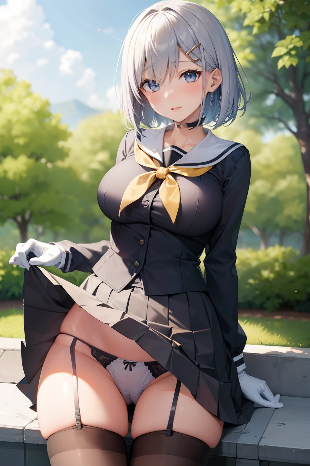 Hamakaze, Hamakaze, Blue eyes, Grey Hair, Hair Ornament, Hair over one eye, hair clips, Short hair, Short hair,BREAK black pantyhose, buttoning, gloves, grey sailor collar, grey skirt, hair clips, neckerchief, pantyhose, Pleated skirt, Sailor collar, School uniform, serafuku, (White seraphuk:1.3),Skirt, White Gloves, Yellow neckerchief,Naughty big、large full breasts、looking at the viewers,BREAK (masutepiece:1.2), Best Quality, High resolution, Unity 8k壁纸, (Illustration:0.8), (Beautiful detailed eyes:1.6), extra detailed face, Perfect Lighting, extremely details CG, (Perfect hands, Perfect Anatomy),Smile with open mouth、(Skirt lift:1.3), (Blue stripes々Panties -:1.3)、(Skirt that rolls up:1.3)、(Fully exposed panties:1.5)、(outside of house、plein air,:1.3)、(sea side:1.3)