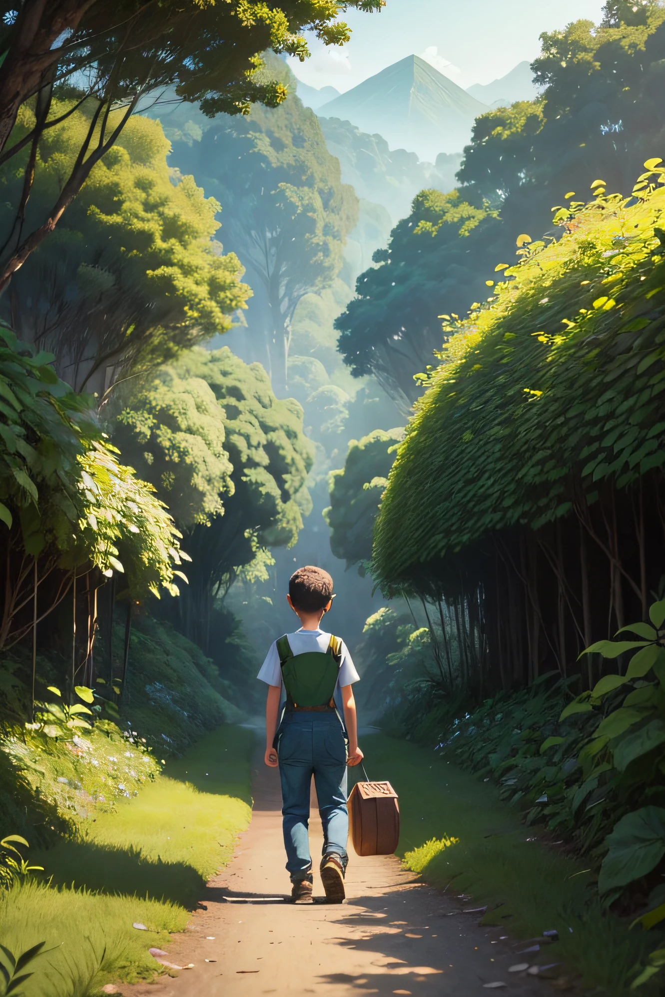 A drawing of a boy wearing overalls, Caminhando em um caminho de floresta, de frente para uma bela montanha verde ao longe, flores e sol, a dragon coming towards you