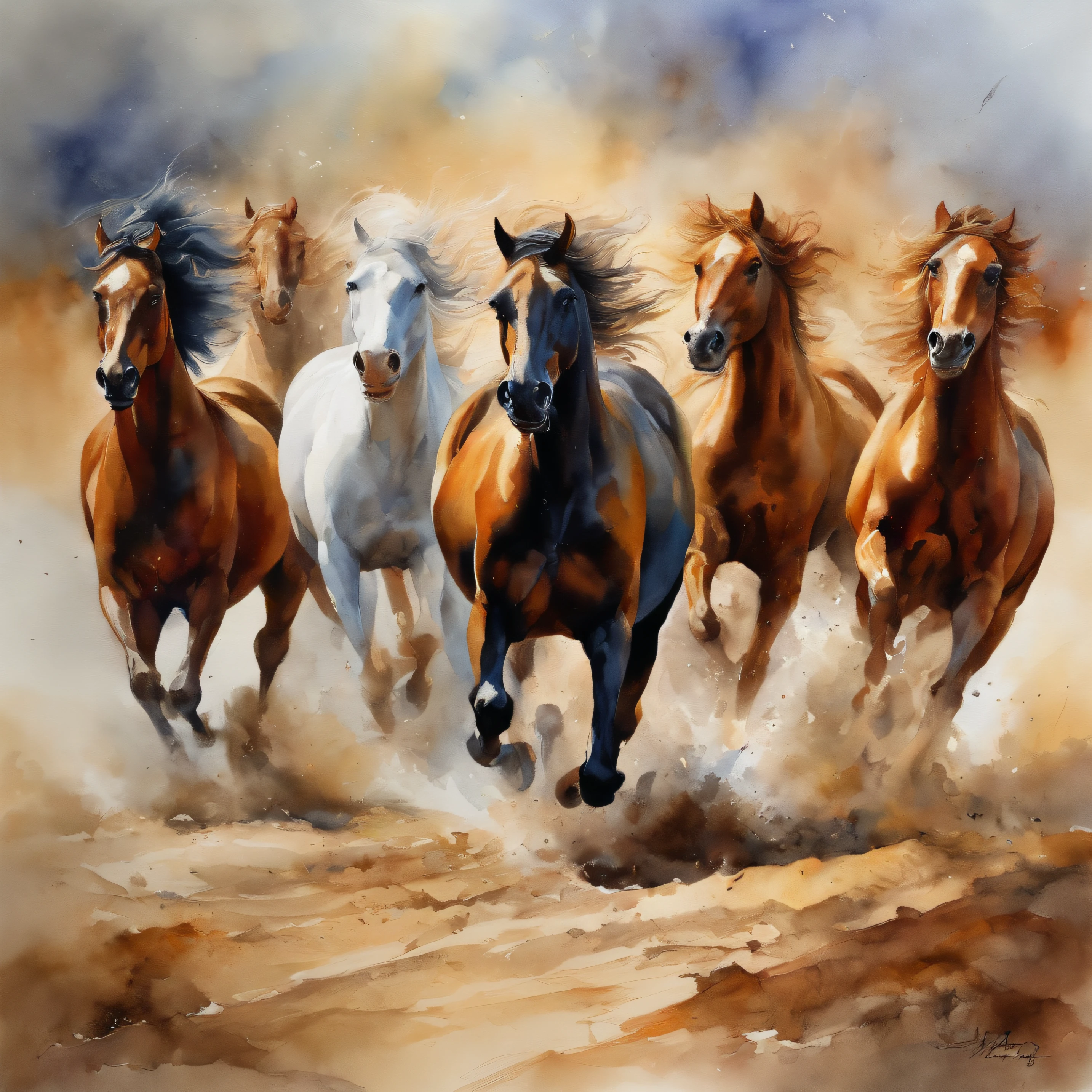 Four horses of different colors,wild and defiant stampede towards the viewer,Cinematic style,Golden section,A light light,Collage, thunder and fire behind wild gallop,horses snort scared,flee,escape,ultra realistic,intricate details