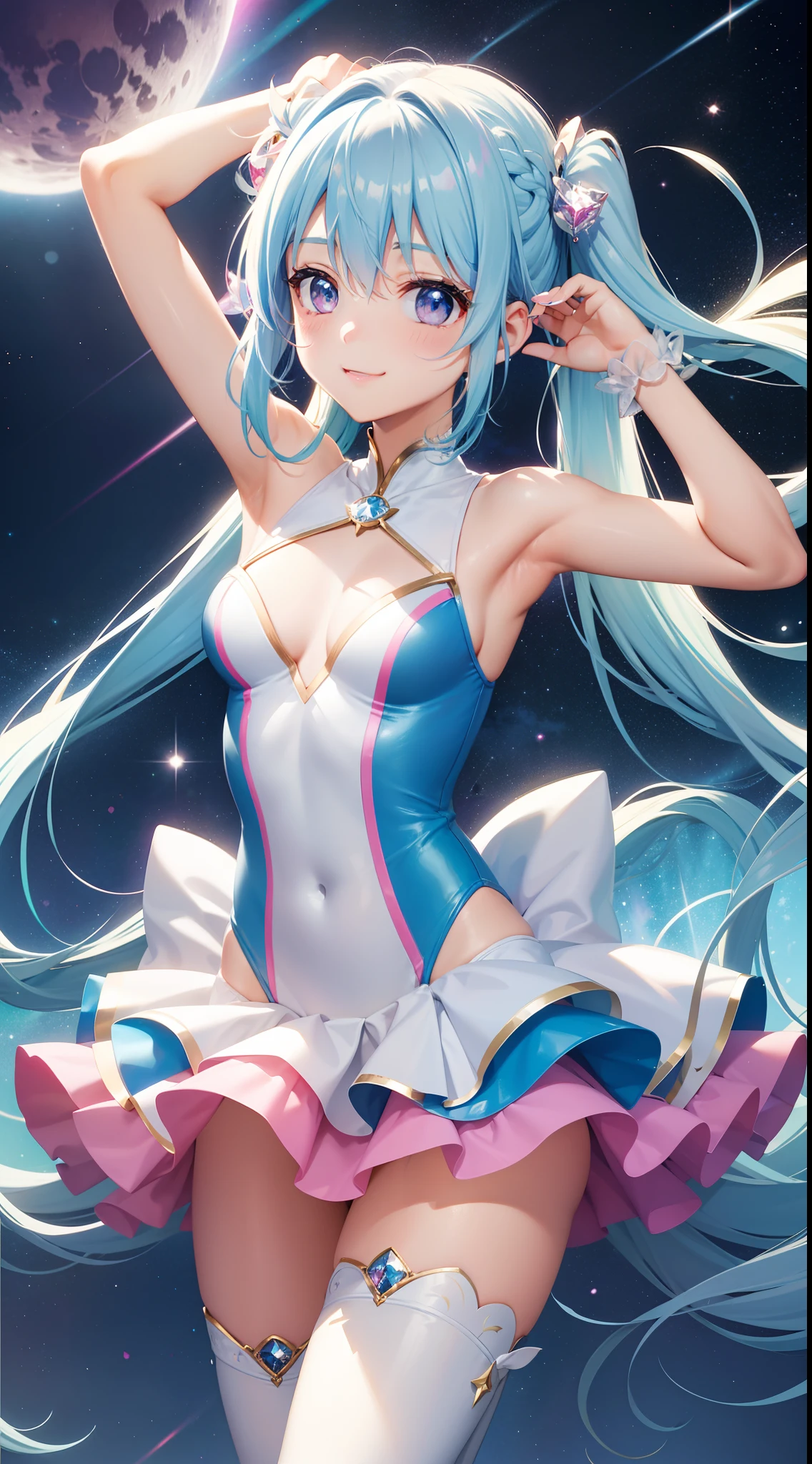 Super Idol a beauty girl A charming smile sky blue hair length hair Twin-tailed Bright pink and white,、Blue Leotard Costume Mystical Fantasia constellation a moon Crystal Brilliance Aurora Borealis in the Night Sky