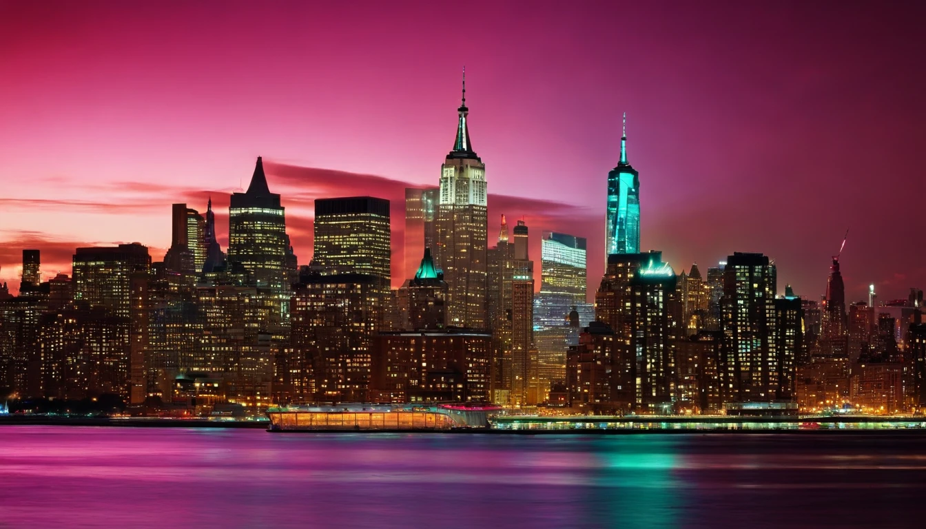 New York City skyline from statue of libery island, new york city skyline in the background at night