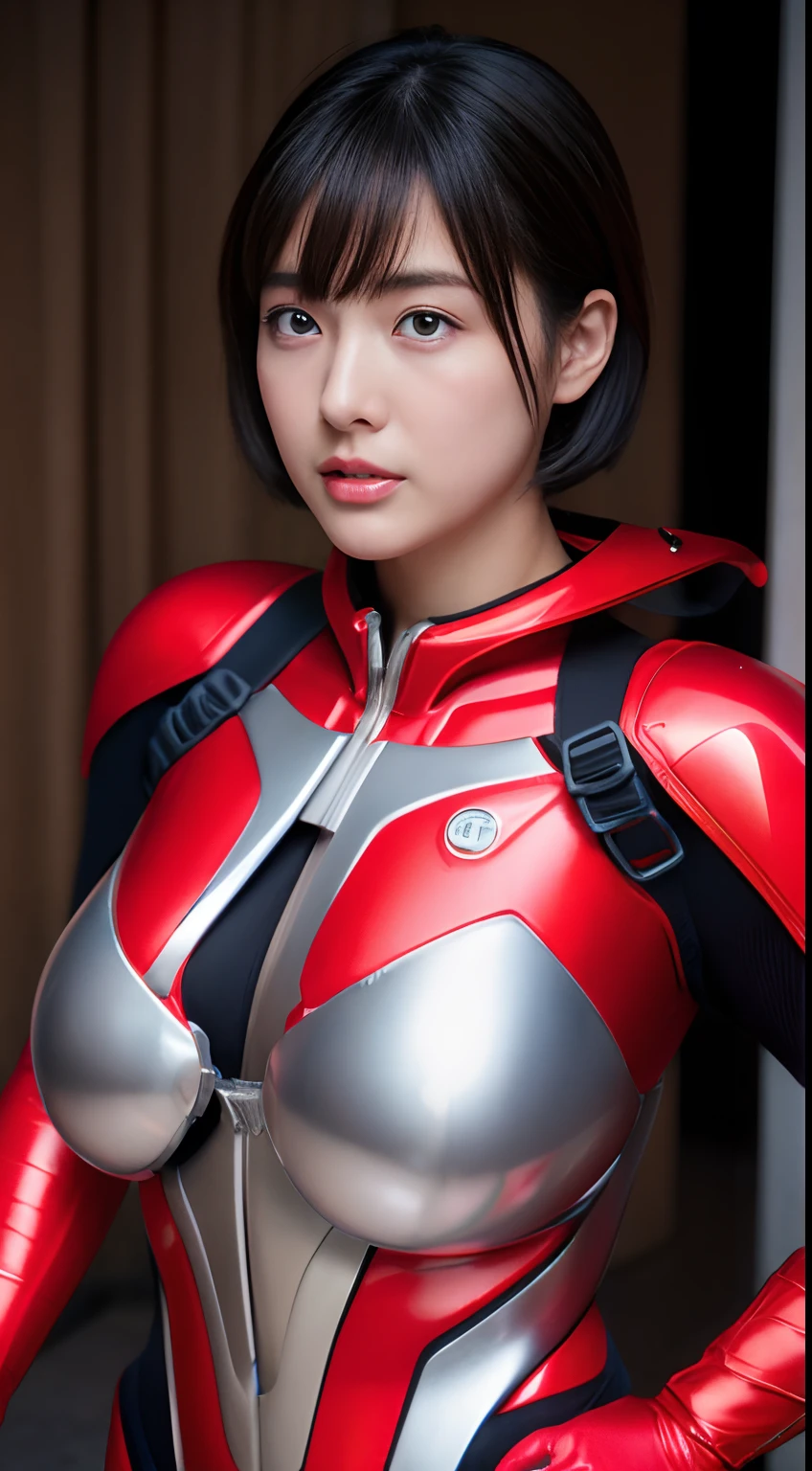 Ultraman、Realistic、realisitic、Cinematic lighting, Woman in shiny red and silver suit、professional photograpy、Does not expose the skin, Japanese Models, japanese cgi、Ultraman、, power ranger、Tight thin cyber suit,whole body rubbery、pink there、 fleshy body, large boob、big butts、Big belly、thick thight、thick arms、both sides、 Round face、Fat face、chubby cheeks、Sauce order、big eye、Short-haired black hair、Facing the front、Standing facing the front、A glowing sphere is embedded in the chest、Big as Gulliver、 Urban area、buliding、A city scape、