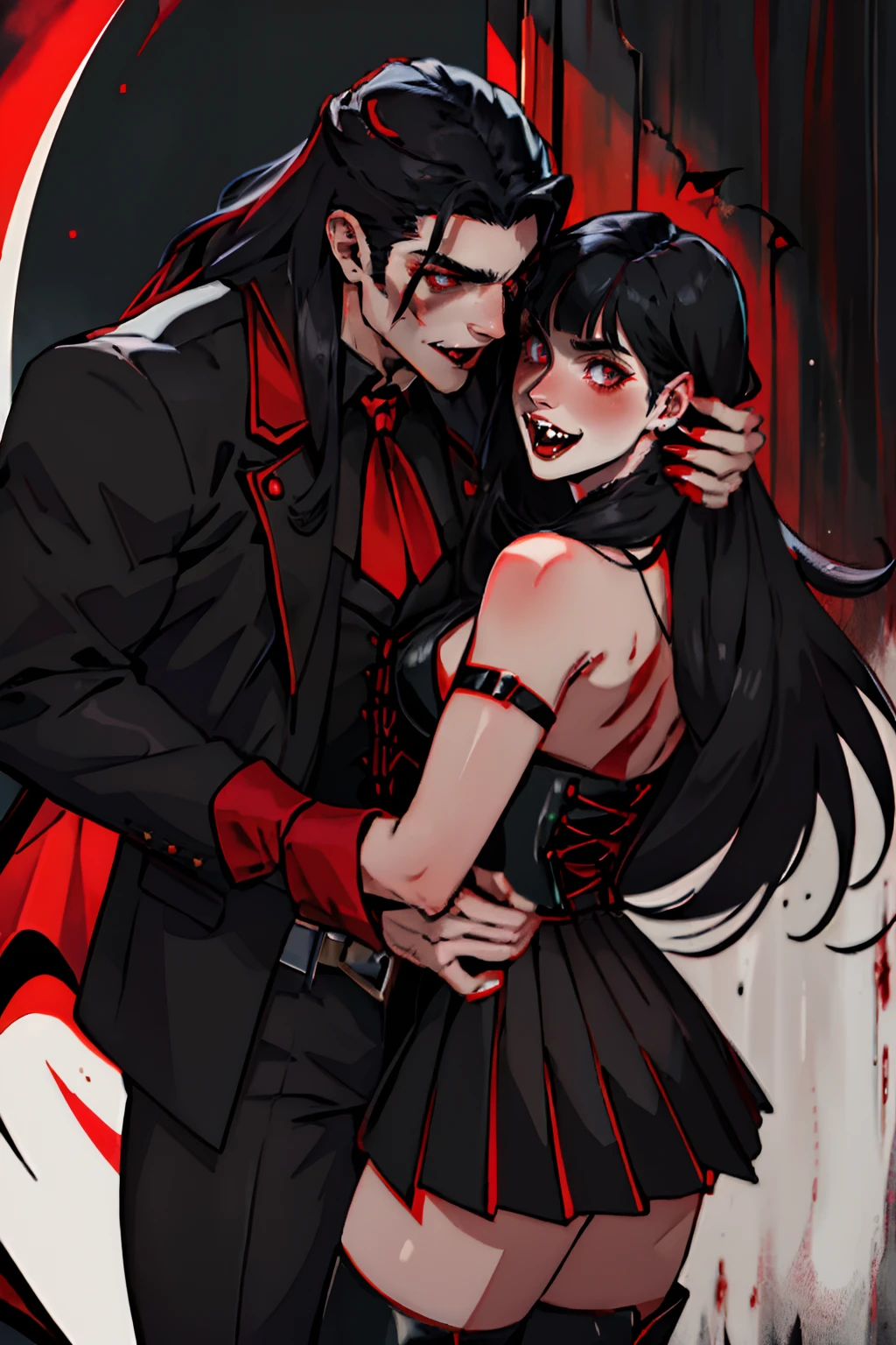 Detailed eyes, Vampire Pale man, long black hair and black vampire clothes vampire outfit, vampire man with long hair Red glow in the eyes, blood dripping from the mouth, vampire fangs, vampire couple, vampire love and a Vampire pale woman with black hair with bangs black mini skirt black and black corset, fishnet stockings, black boots, vampire woman’s outfit, vampire, vampire woman, Red glow in the eyes, blood dripping from the mouth, vampire fangs, vampire man and vampire woman, man and woman in love man long hair seductive look, kissing,