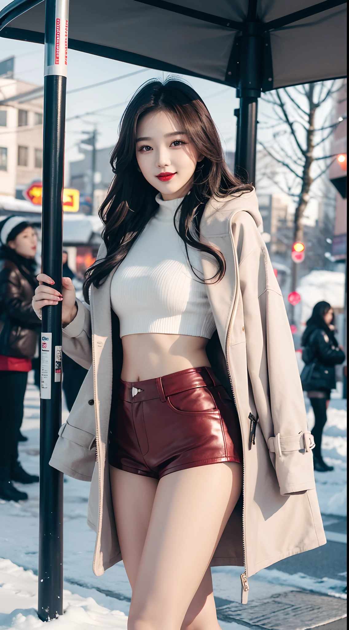 best quality, 4k, 8k, Detailed faces, clear face, pretty girls, Korean makeup, Red lips, laugh, perfect body, big breasts, thigh, The girl wears a long and wide coat, leather jacket, Underneath the jacket was a toptube and tight short shorts, lower abdomen, Snowscape, winter, street,