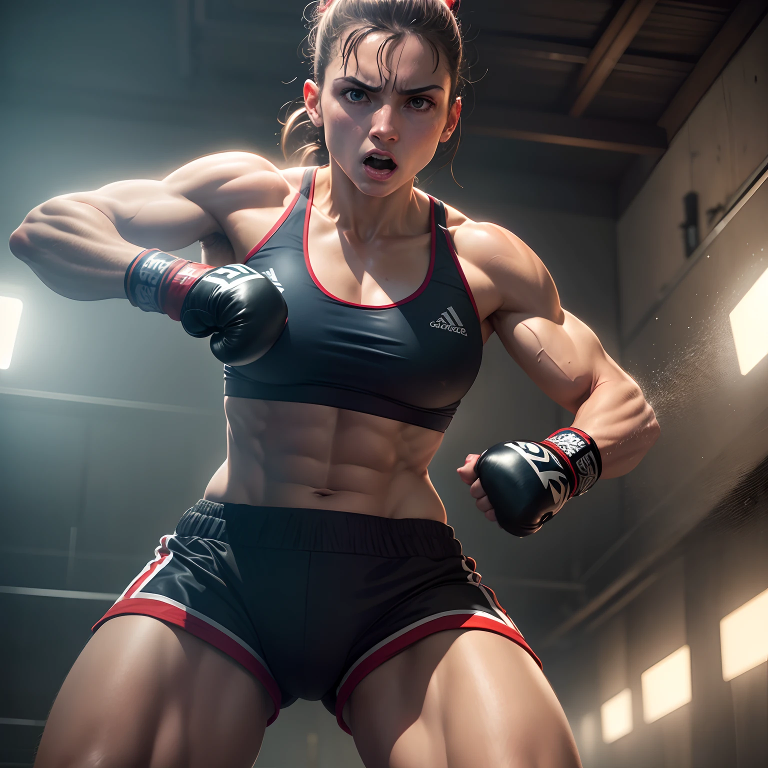 a woman training martial arts in a gym, muscular woman doing martial arts moves, highly detailed portrait, extremely detailed martial arts techniques, dynamic action pose, sweat on skin, dramatic lighting, cinematic atmosphere, warm color tones, award winning photograph
