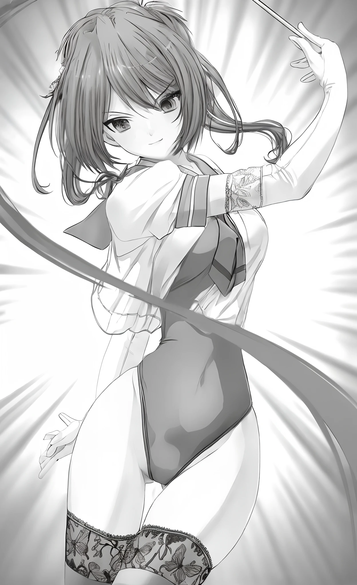 Twist the body to the right 1.8、Wielding rhythmic gymnastics ribbons with his right arm 1.8、Gentlemanly smile、Beautuful Women、Sailor Suit Leotard 1.6、White short sleeve sailor uniform、Black stockings、Rhythmic gymnastics sticks and ribbons、white glove、Long blue tie、a beauty girl、masterpiece、Leotards like sailor suits、Swing your left arm back 1.8