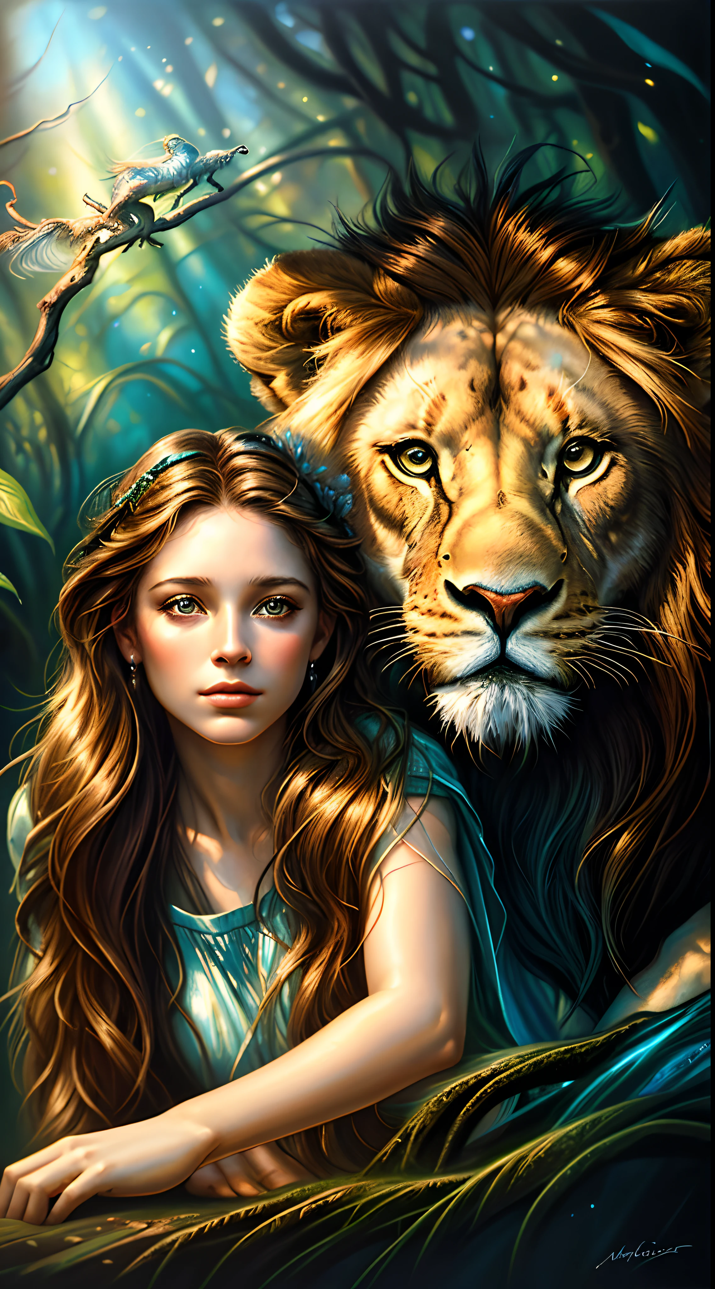 Painting of a girl and a lion in a forest, Graphic artist Magali Villeneuve, pintura de fantasia realista, retrato da arte da fantasia, Magali Villeneuve», arte de fantasia realista, realistic fantasy illustration, retrato bonito da arte da fantasia, retrato da fantasia, arte digital fantasia arte, retrato bonito da fantasia, arte de fantasia, arte digital fantasia, Magali Villeneuve e Monet