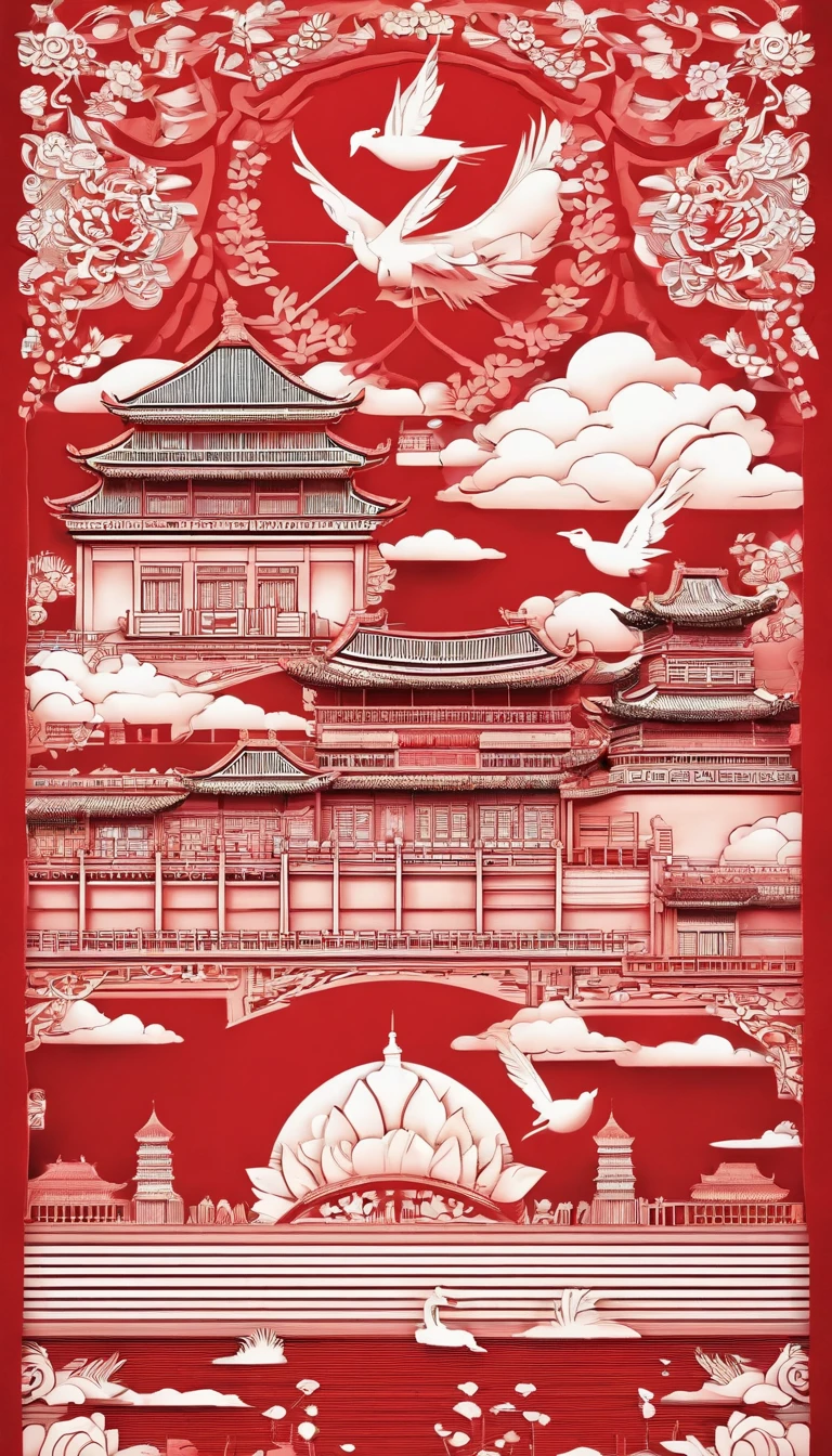 In front of the Forbidden City, In the distance, Children in basketball uniforms cheer,Lanterns float in the air,Doves of peace are flying,Red flags flying,National Day atmosphere,The overall picture is located in the lower center