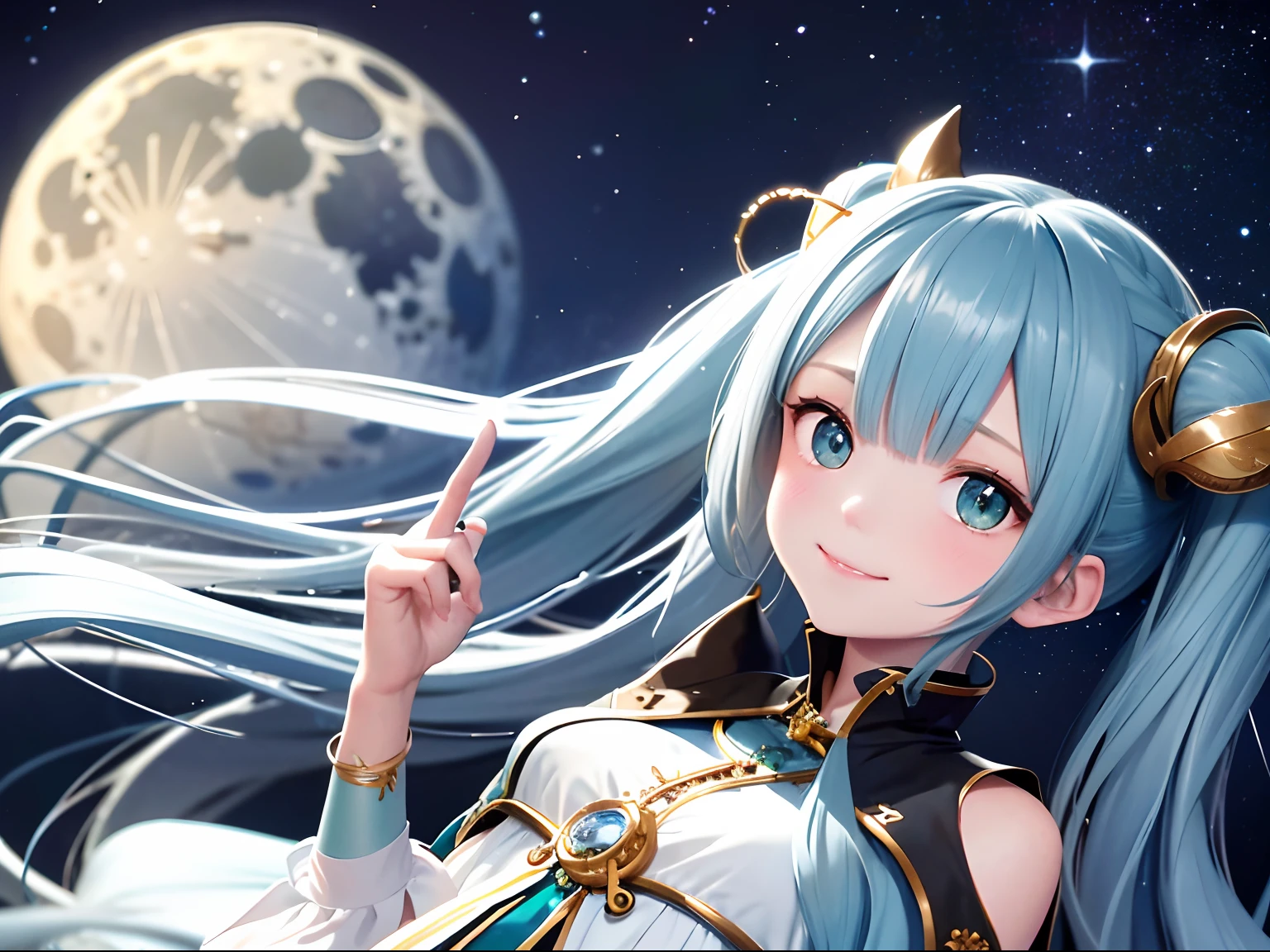 top-quality、​masterpiece、1girl in、long hair of dark light blue color、emerald eyes、Priestess clothing、look up to、The upper part of the body、Hair strands、light skinned、twintails hairstyle、Big yellow full moon on background、Open your mouth slightly and smile、Looking at the camera