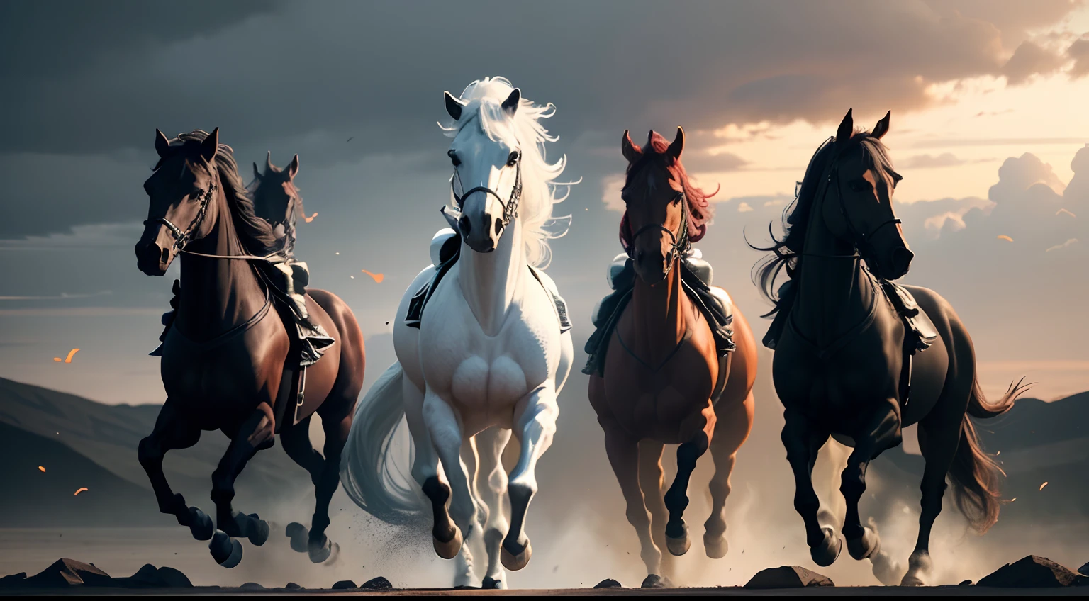 a white horse, a red horse, a black horse, a yellow horse, four horses gathered, horses of darkness, darkness, chaotic, dark scene, fear, end of times, demon riding horses, evil angels, cinematic, 8k , realistic