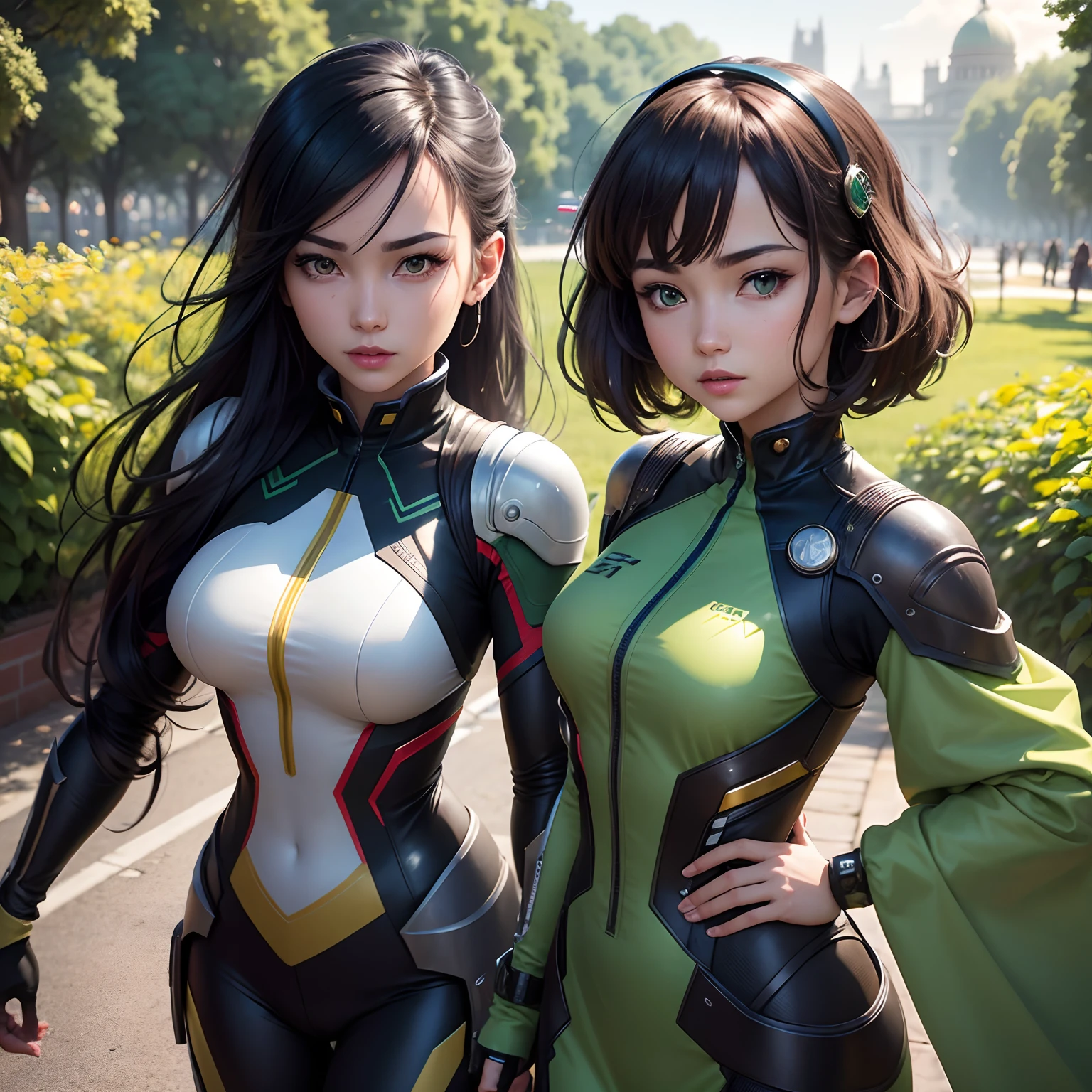 high qulity, 4k, HDR, Realiy, Character details, great outdoors, Android, style of anime, The sun shines, Green background, Sharp eyes, Hairstyle details, Energetic, mechanical sense, Unique costumes, mysterious atmosphere, Focus on lipstick color, attention-grabbing, The siblings broke into the capital together
