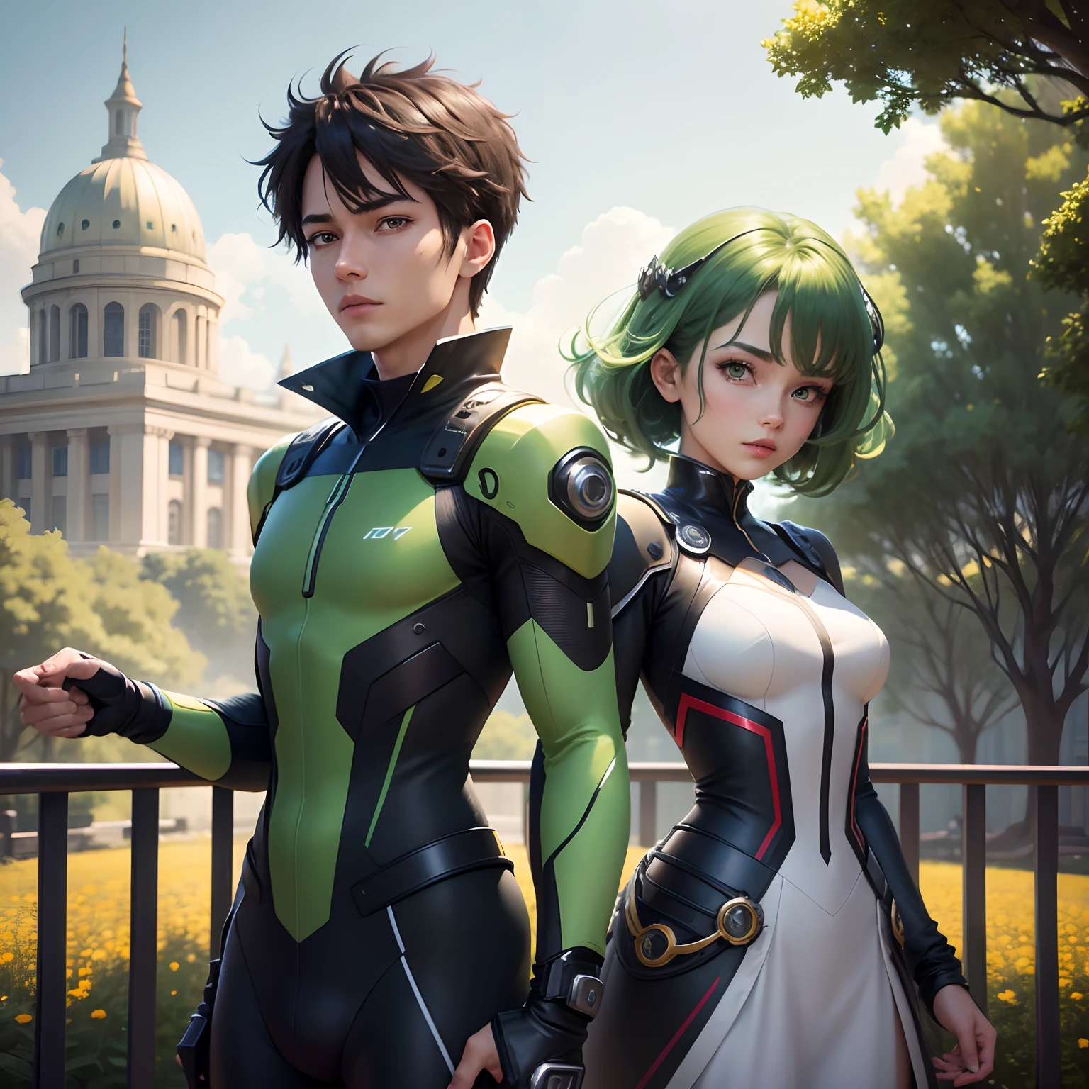 high qulity, 4k, HDR, Realiy, Character details, great outdoors, Android, style of anime, The sun shines, Green background, Sharp eyes, Hairstyle details, Energetic, mechanical sense, Unique costumes, mysterious atmosphere, Focus on lipstick color, attention-grabbing, The siblings broke into the capital together