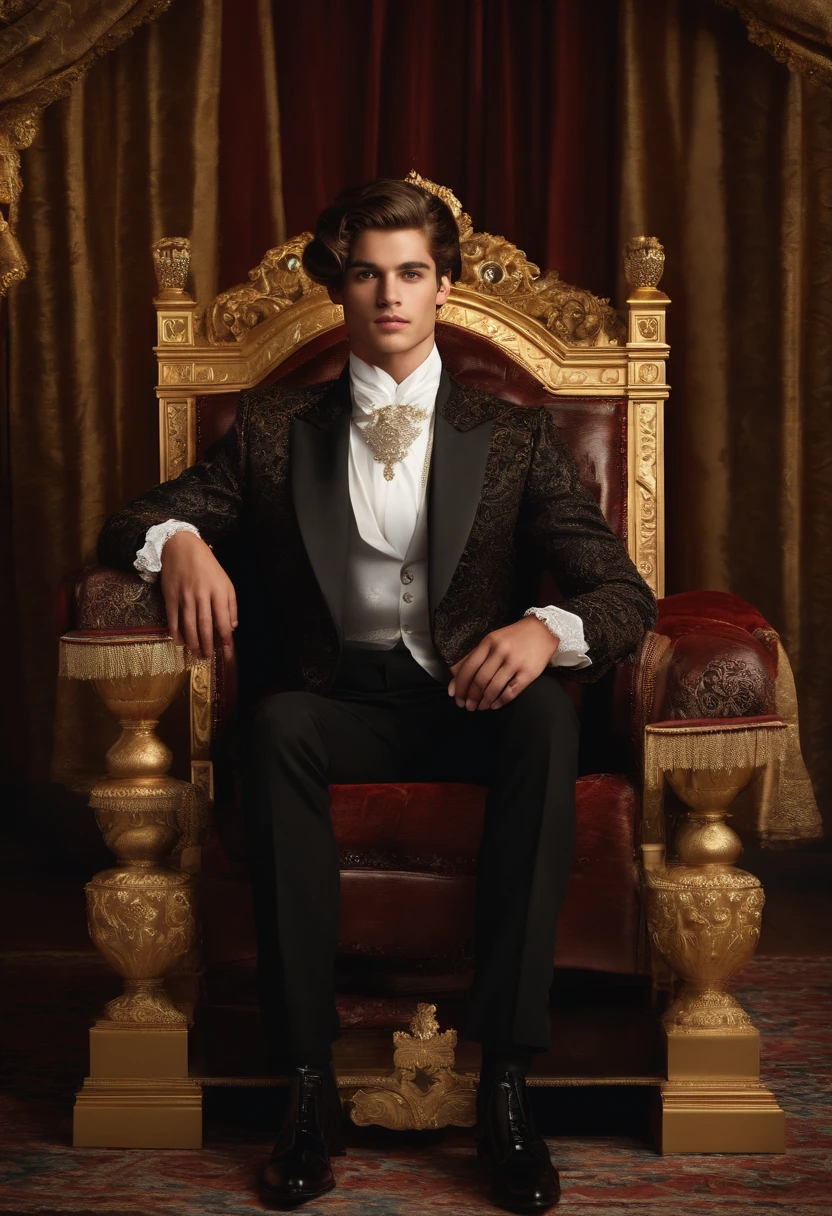 ju, Here's an image prompt for a realistic portrait of a prince:
A realistic portrait of a young and handsome prince, 18 anos. Ele tem cabelos loiros e olhos pretos, and is wearing a formal princely costume. He's sitting on a throne. The background is a luxurious throne room, com paredes douradas e colunas entalhadas.
