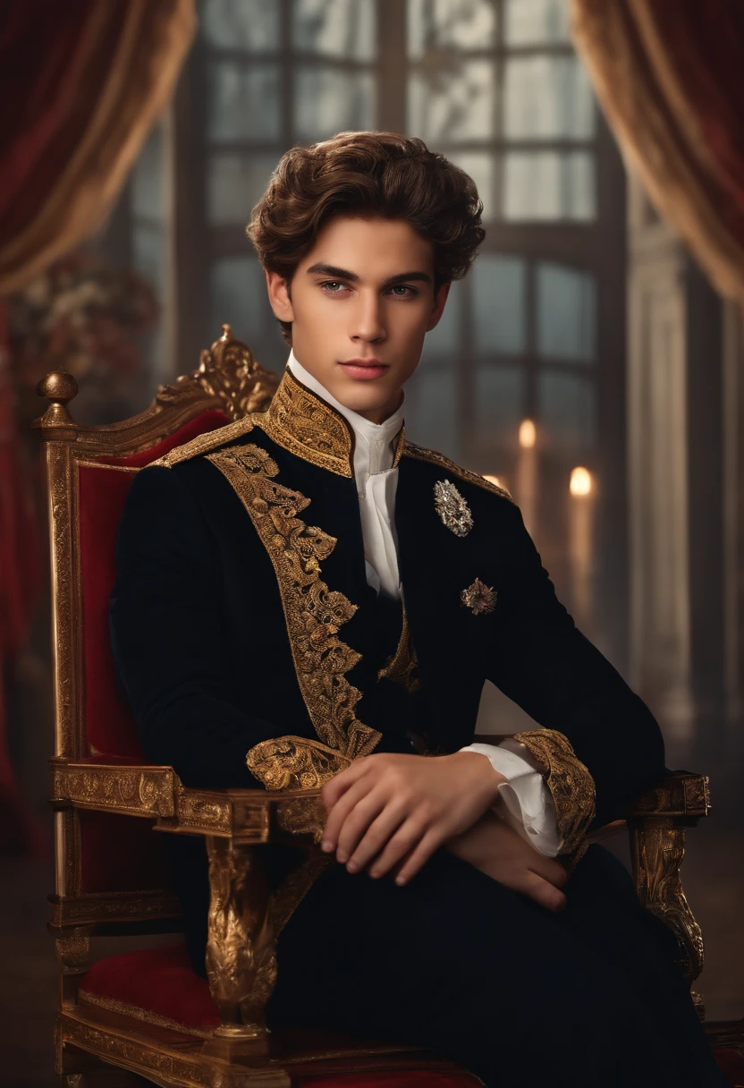 ju, Here's an image prompt for a realistic portrait of a prince:
A realistic portrait of a young and handsome prince, 18 anos. Ele tem cabelos loiros e olhos pretos, and is wearing a formal princely costume. He's sitting on a throne. The background is a luxurious throne room, com paredes douradas e colunas entalhadas.