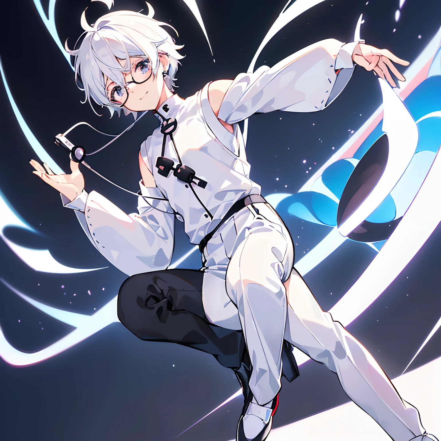 ((Cute and cute anime boy with white hair white blouse with black sleeves with black pants with white shoe with white round glasses with white earphone with a happy face)) 4k 8k)) 4k 8k:: anime::4 cyberpunk::1 --v 4 --qualidade 2