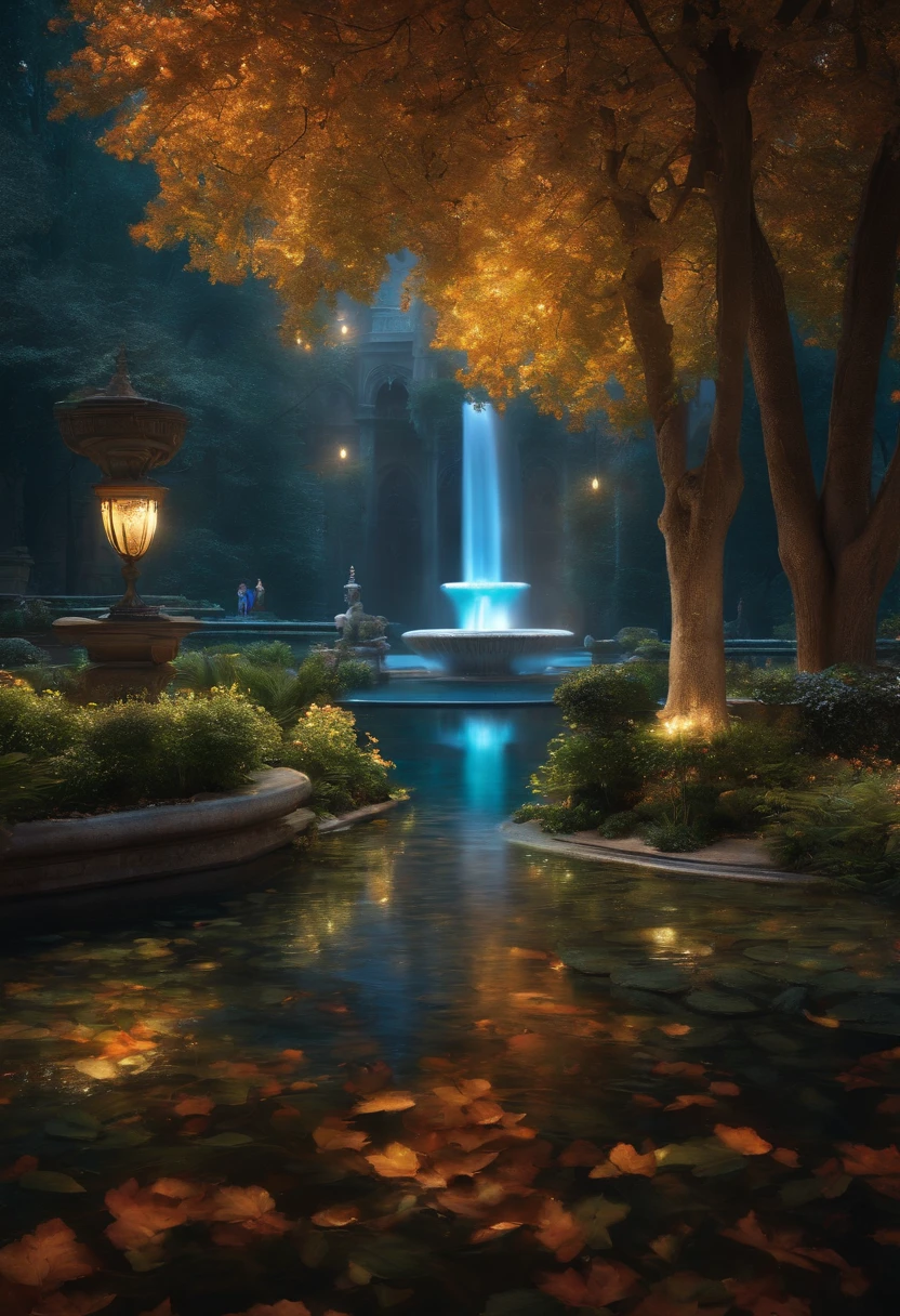 "Imagine a magical city with crystal streets that reflect celestial light, where a majestic fountain surrounded by luminous trees radiates a divine glow."