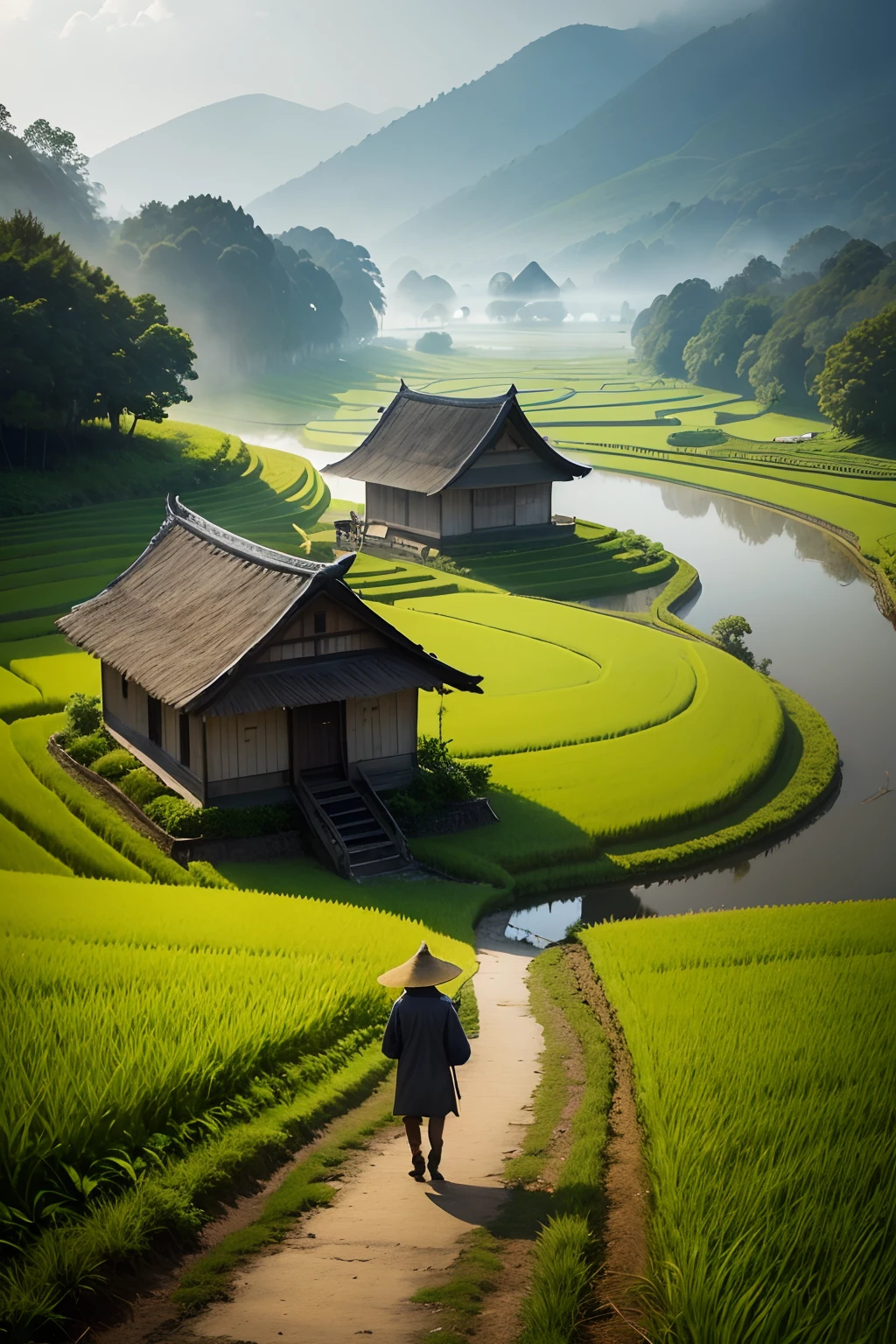There is a man walking through a rice field, in the background is a hut with rice fields, rice fields, neat rice seedlings in the fields, misty rain, villages, agriculture, in the tranquil landscape, misty weather, in the vast peaceful landscape, in the early morning, in the morning mist, behind a small village, mist, Japanese countryside, thatched roofs --v 6