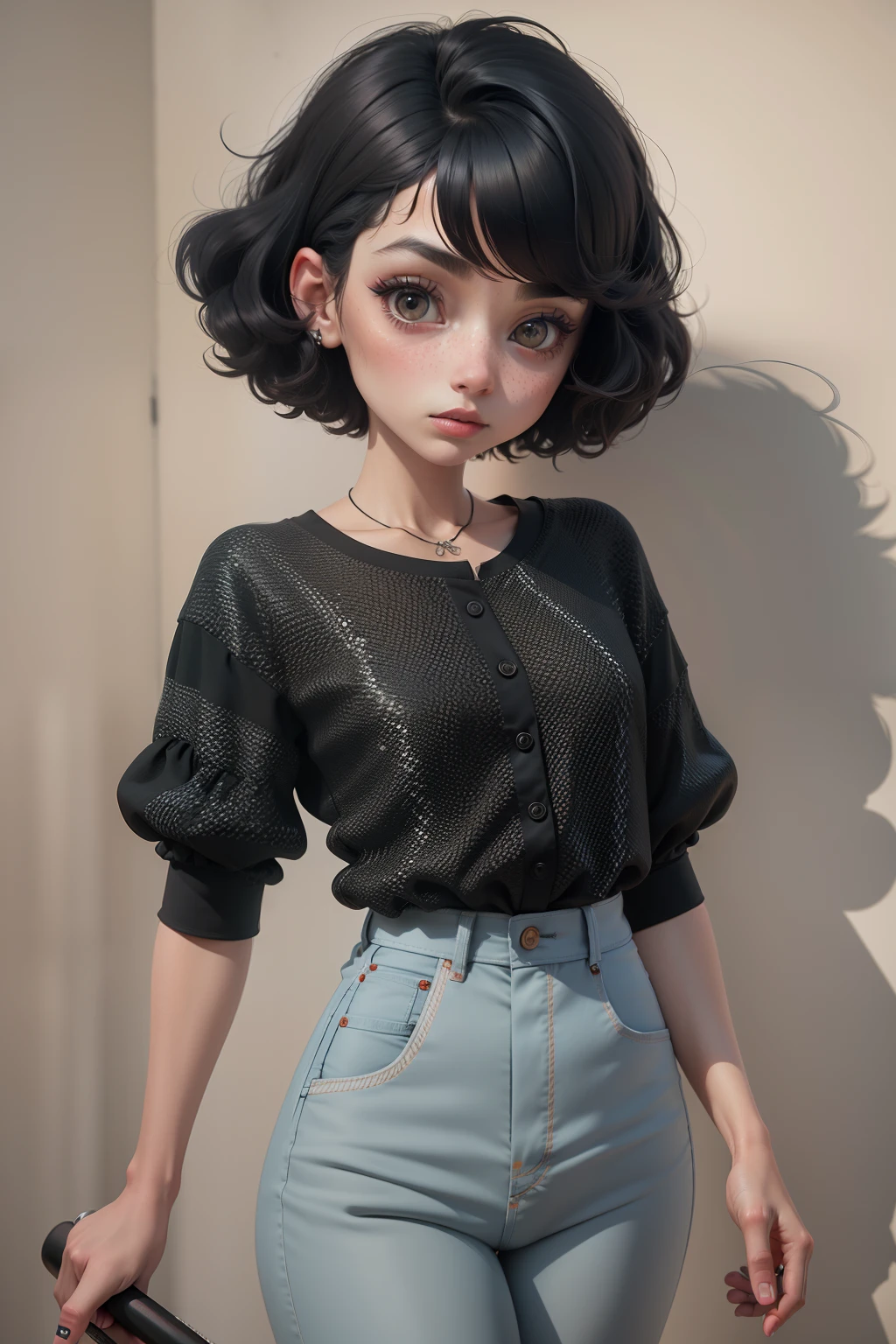 ​masterpiece, top-quality, 。.3D Lending Work, styles, close-up, sportrait, 。.3D, 1girl in, Solo, girl with, Lena Head, Fear of hair , A dark-haired, skating, freckle, jewelry, Two-tone curly raster style, looking to side, Summer style clothes, Baviboy Street Art, realist, full bodyesbian, simple background, fringe, looking at away, short-haired, Separated lips, black eyes, , gotik, gargantilha, makeup, Mole, Black Shirt, watermarked