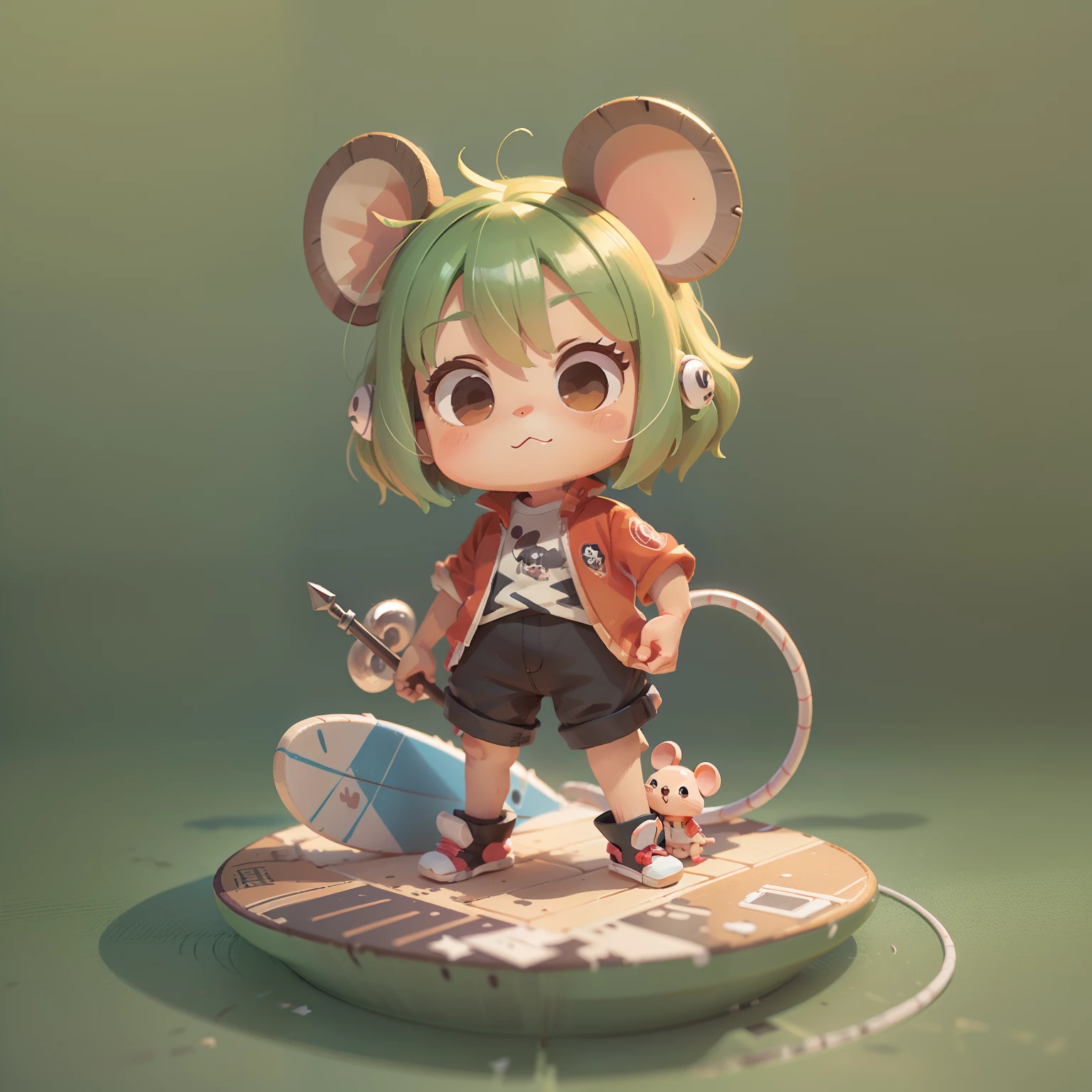 Chibi, Mouse, Cute, surfer, Big Badejo, Full body, masutepiece, 3D Rendering, Best Quality, Lots of detail, (Plain background), vinyl toy figurine