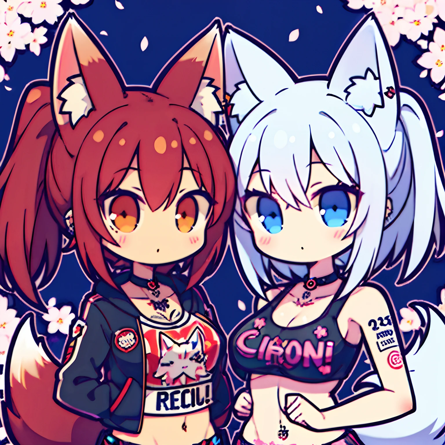 (2 girls) The cutest fox girls, wearing highly detailed trendy punk rock clothing, tattoos and piercings, finely detailed graffiti background, cherry blossoms blowing in the wind, perfect masterpiece, high quality, high resolution