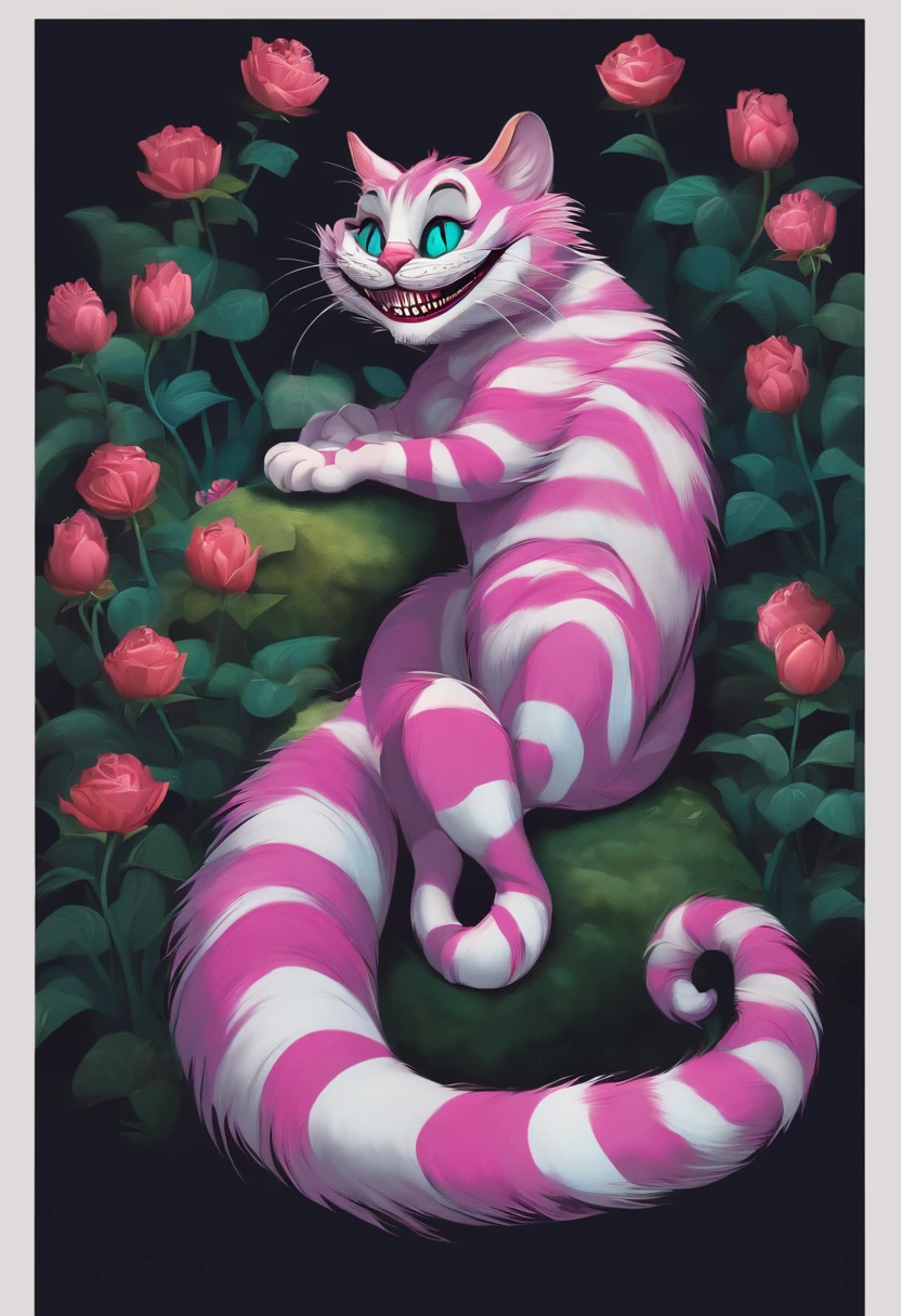 Cheshire cat from Alice in Wonderland smiling, flutuando em um fundo preto, corpo inteiro (criado com IA generativa