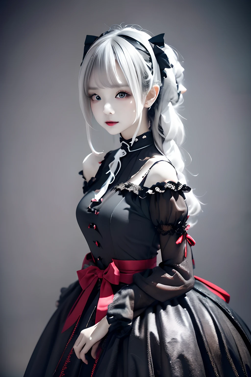 parfect anatomy、top-quality、masuter piece、ultra-detailliert、8k、Correct depiction of the human body、Full Body Angle、Delicately drawn face、Pretty face woman、Gothic ta Fashion、Black Gothic Loliashion、Black and white costume、Beautiful silky silver hair:1.5、Red big hair ornament、Red ribbon hair ornament、Red big hair ornament、Standing、Front Angle、Full Body Angle、(((blurry backround:1.5、Photography Studio、greybackground:1.5、greybackground、greybackground、greybackground、greybackground、Film Lighting、Professional Photographer)))