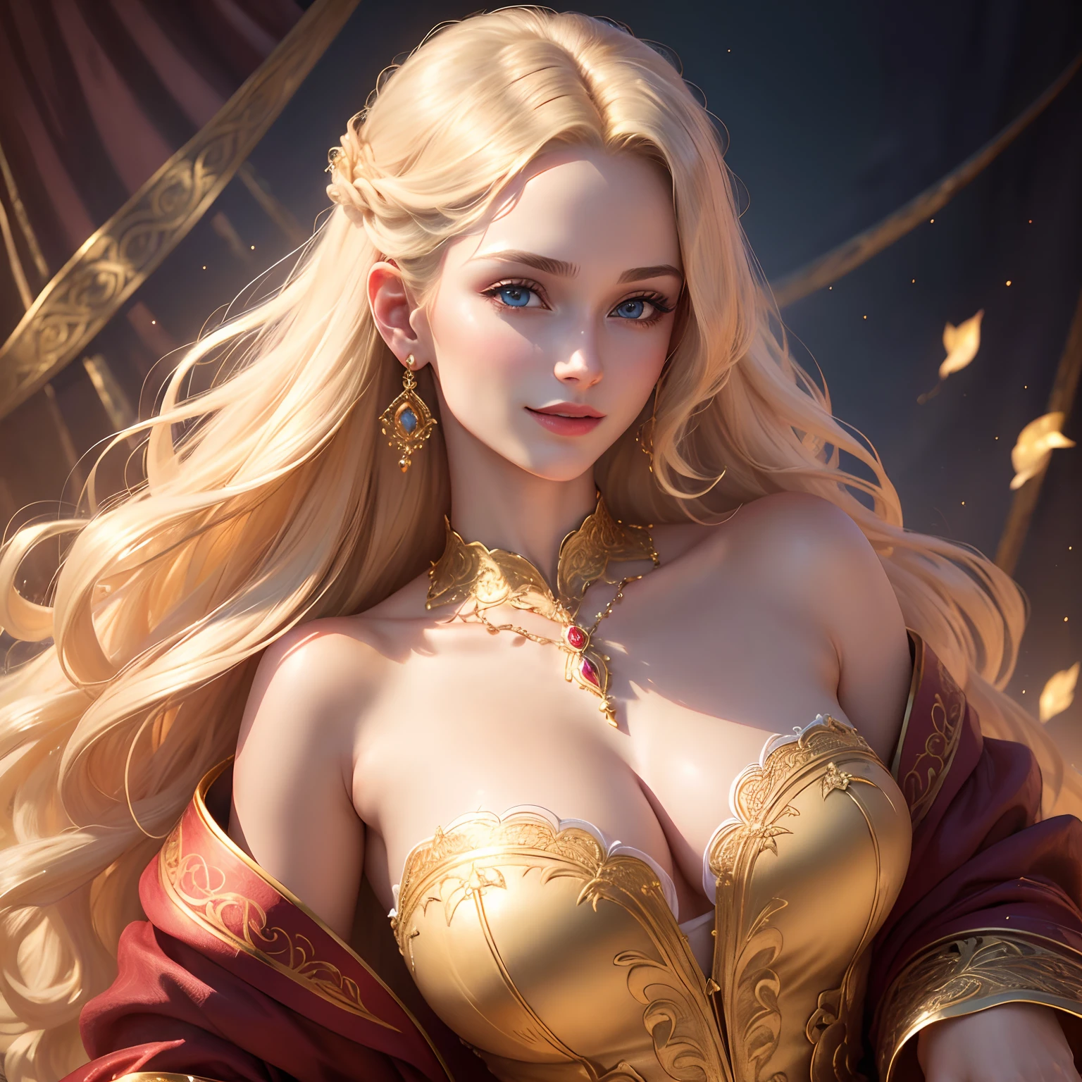 (best quality,8k,highres:1.2),ultra-detailed,(realistic,photo-realistic:1.37),18th-century-attire,(elegant,stylish) Hungarian blonde, (sensual,attractive) -yeld gi beautiful sculpted face, (gorgeous,stunning,perfect) long curly hair, (sparkling,mesmerizing) blue eyes, (captivating,full) red lips, (graceful,poised) posture, (classic,charming) smile, (radiant,flawless) smooth skin, (delicate,elegant) neck, (fashionable,exquisite) golden necklace, (feminine,dainty) lace gloves, (elegant,flowing) satin dress, (elaborate,ornate) floral embroidery, (rich,vibrant) colors, (dramatic,romantic) lighting, (subtle,soft) shadows, (lush,lively) garden background, (polished,sophisticated) oil painting style.