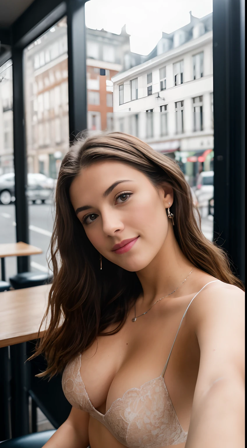 Sequenced RAW photo, a photo of a -yeld, (lfie du haut du corps, Content)), doigt mordant, face detailed, Slightly blurred detailed backgrounds, natural lights, Hdr, photo realist, Photo professionnelle, flirter avec le spectateur, visuel sexy, Fotorrealista, Linda, peau naturelle, 8K UHD, highly quality, grain filmique, Fujifilm XT3,sitting at the café