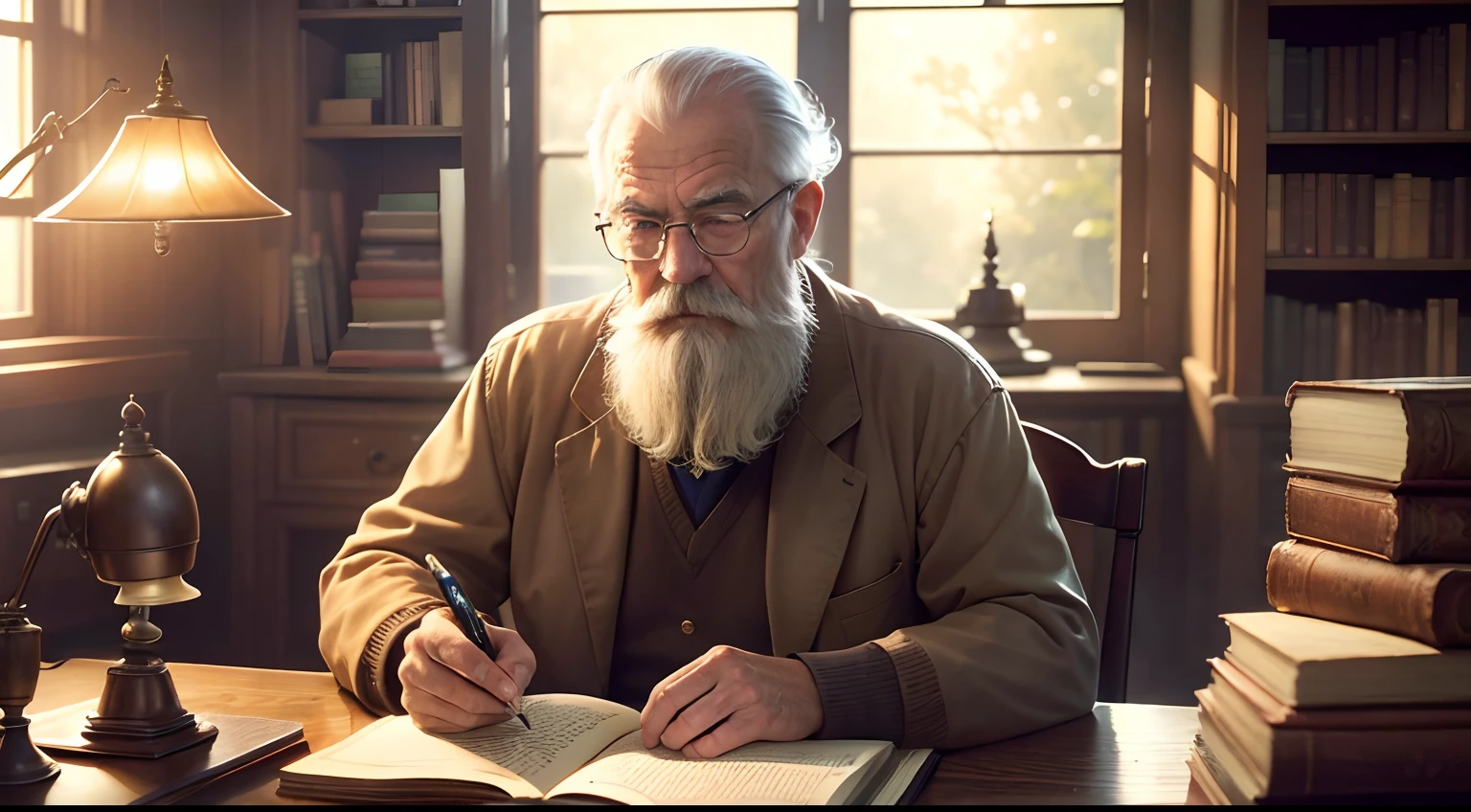 An old man studying in a library can be depicted in a detailed and high-quality prompt as follows:
"(best quality,4k,8k,highres,masterpiece:1.2),ultra-detailed,(realistic,photorealistic,photo-realistic:1.37),portraits,old man,wise expression,reading glasses,gray hair,beard and mustache,worn-out bookshelves,leather-bound books,wooden study table,antique desk lamp,sunlight streaming through the window,dusty atmosphere,vivid colors,warm color tones,soft lighting,serenity and tranquility,academic ambiance,comfortable armchair,stacks of books,open notebook and pen,concentration and focus,faint scent of old paper,quietness and peacefulness"