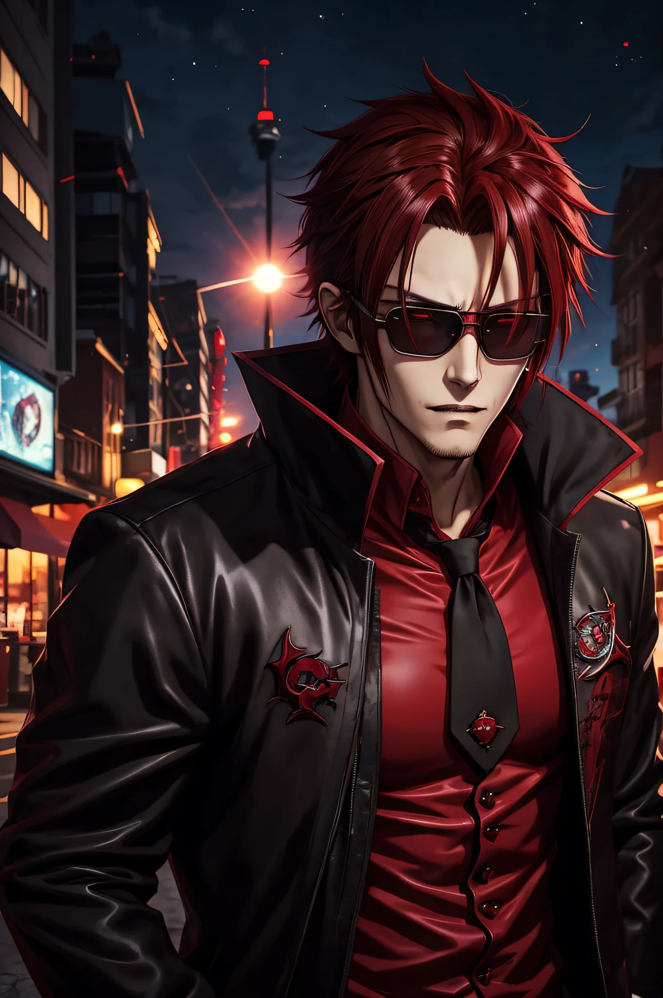 anime character with dark hair with red highlights and a black jacket, with red hair, scruffy face hair, transparent glasses, anime handsome man, male anime character, 1boy, solo, suoh mikoto, k project, (((vampire))), insanity, malkavian, city in background, (night), smirk, cowboy shot, dynamic lighting