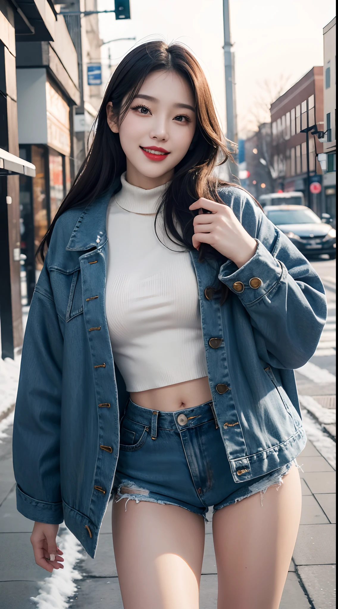 best quality, 4k, 8k, Detailed faces, clear face, pretty girls, Korean makeup, Red lips, laugh, perfect body, big breasts, thigh, The girl wears a long and wide coat, jean jacket, Underneath the jacket was a toptube and tight short shorts, lower abdomen, Snowscape, winter, street,