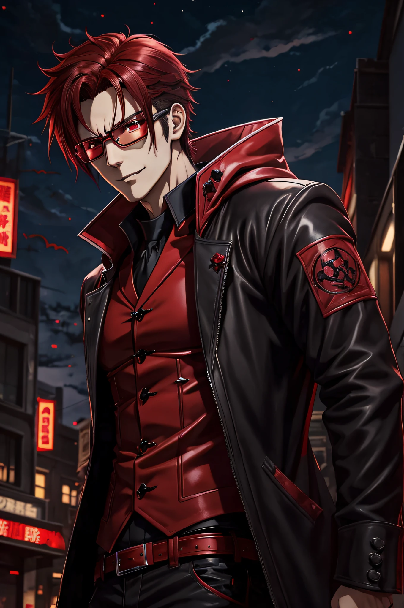 anime character with dark hair with red highlights and a black jacket, with red hair, scruffy face hair, transparent glasses, anime handsome man, male anime character, 1boy, solo, suoh mikoto, k project, (((vampire))), insanity, malkavian, city in background, (night), smirk, cowboy shot, dynamic lighting