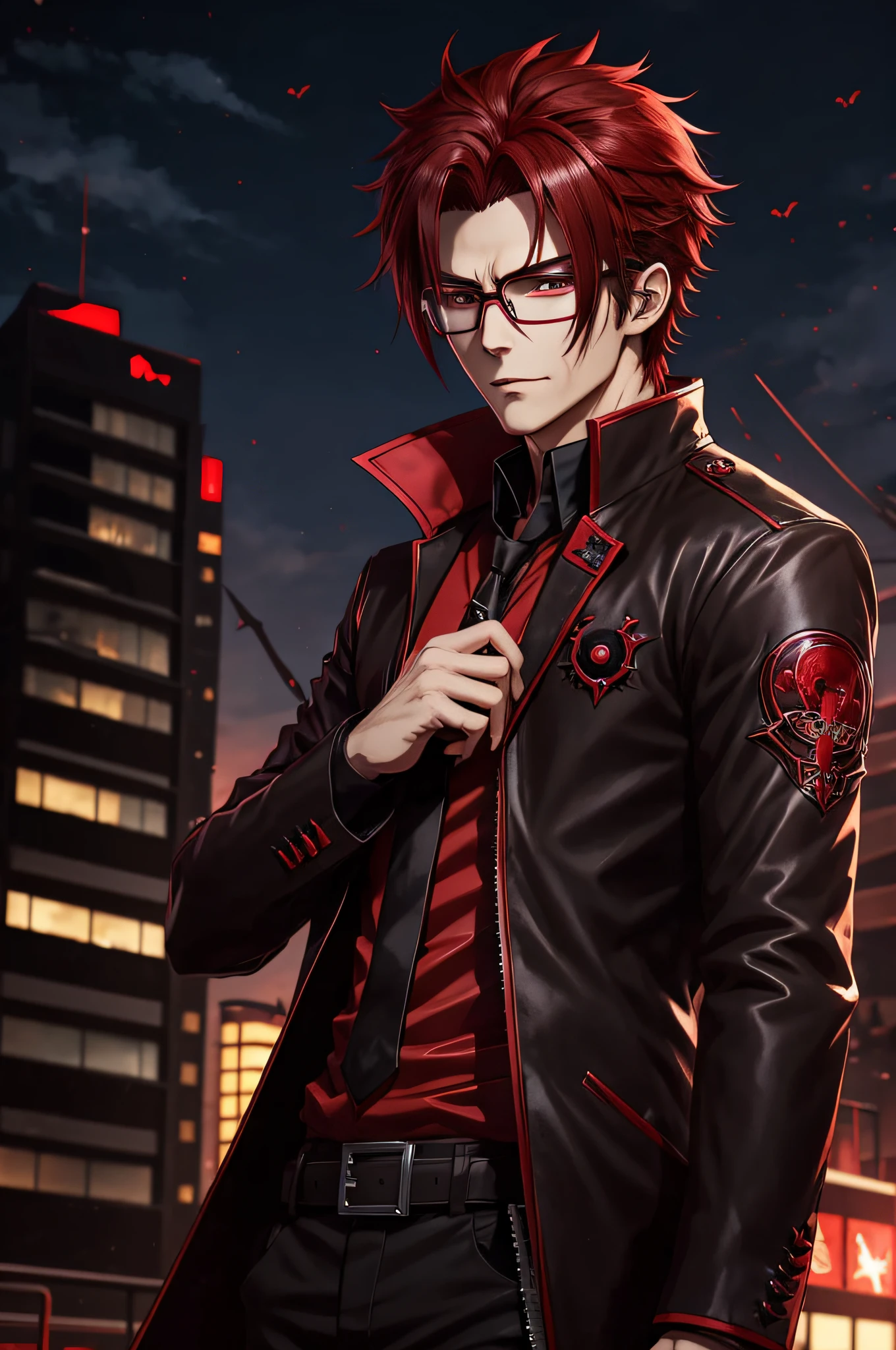 anime character with dark hair with red highlights and a black jacket, with red hair, scruffy face hair, transparent glasses, anime handsome man, male anime character, 1boy, solo, suoh mikoto, k project, (((vampire))), insanity, malkavian, city in background, (night), smirk, cowboy shot, dynamic lighting